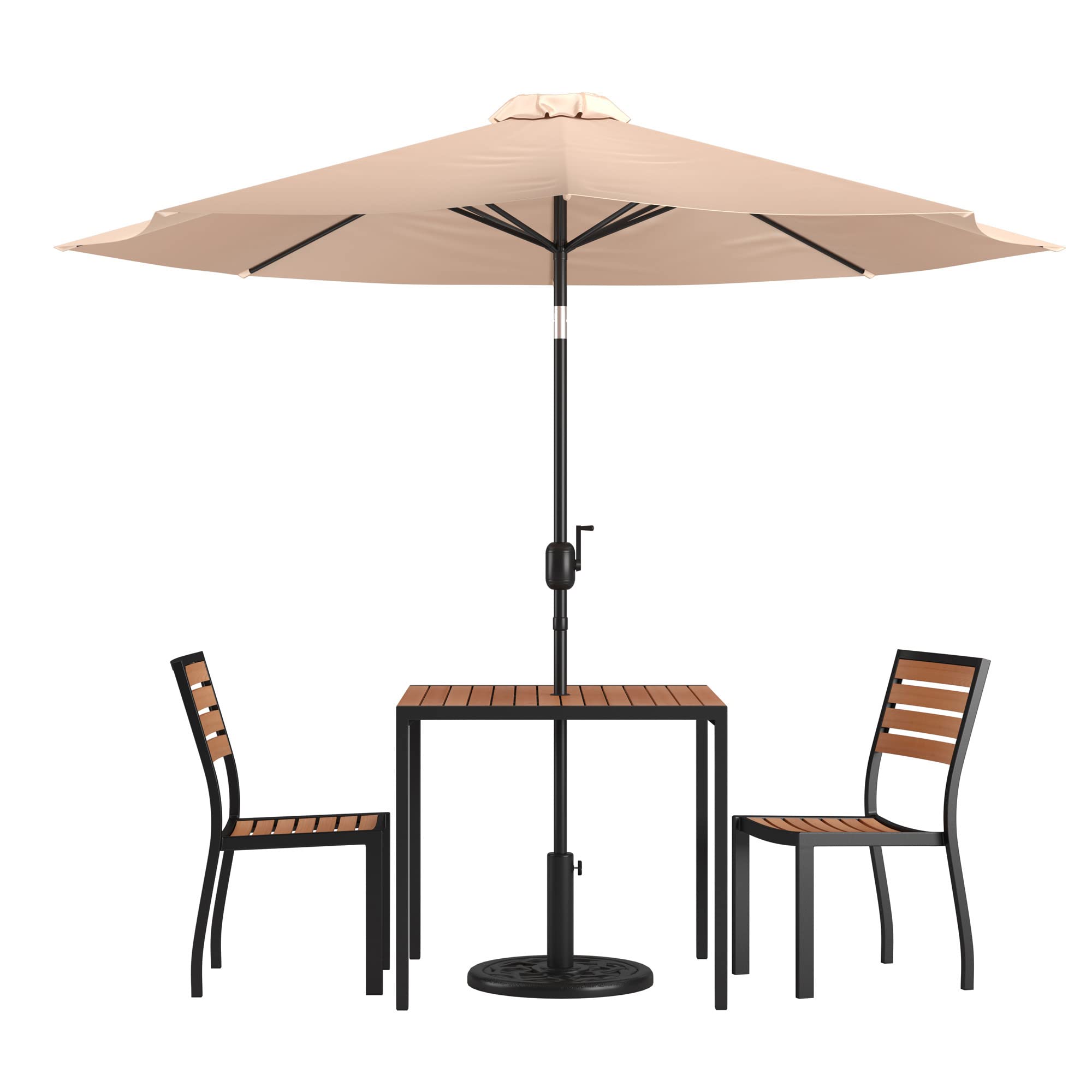 Flash Furniture Lark 5 Piece Patio Table Set - 2 Synthetic Stackable Faux Teak Chairs - 35&quot; Square Faux Teak Table - Tan Umbrella with Base
