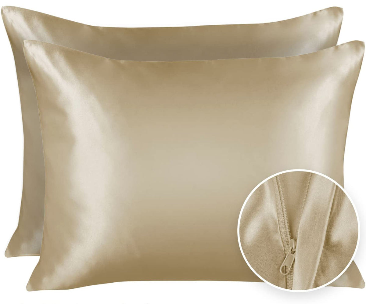 Shopbedding Luxury Satin Pillowcase For Hair - Queen Satin Pillowcase With Zipper, Champagne (Pillowcase Set Of 2) - Blissford