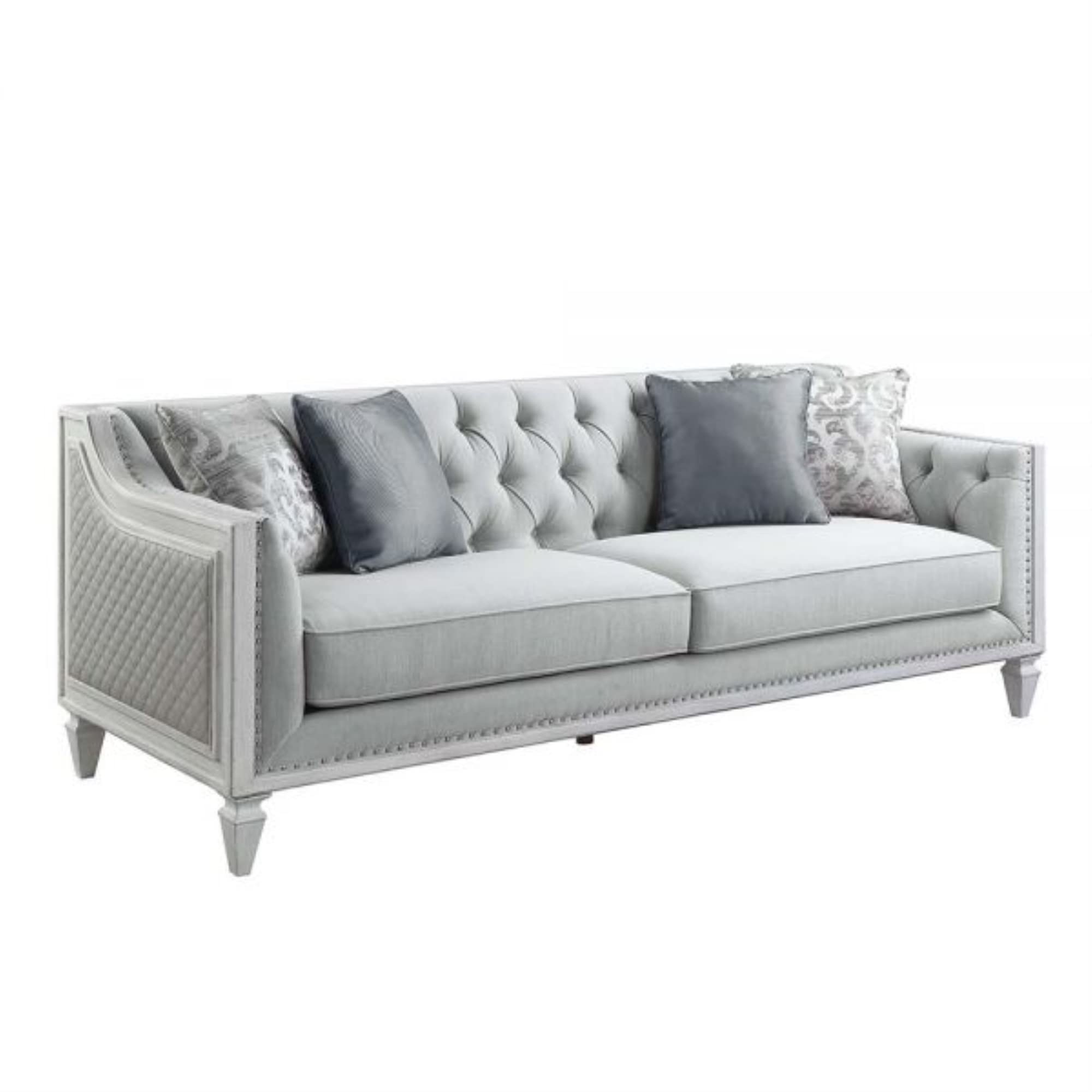 Acme Katia Sofa in Gray Linen Fabric and White Finish