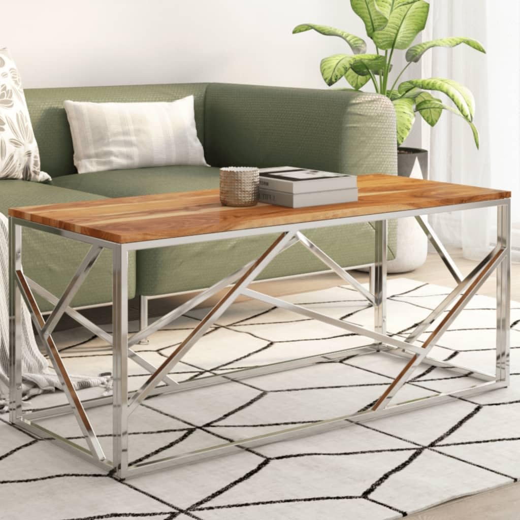 vidaXL Silver Stainless Steel and Solid Acacia Wood Coffee Table - Modern Rectangular Sofa Table for Living Room, Office, Lounge