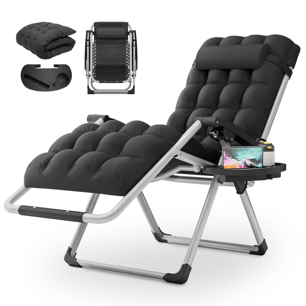 Monibloom Reinforced Zero Gravity Chair, Folding Pool Beach Lounger, Portable Tanning Chaise With Cushion, Headrest And Side Tray, 330Lbs Capacity - Black