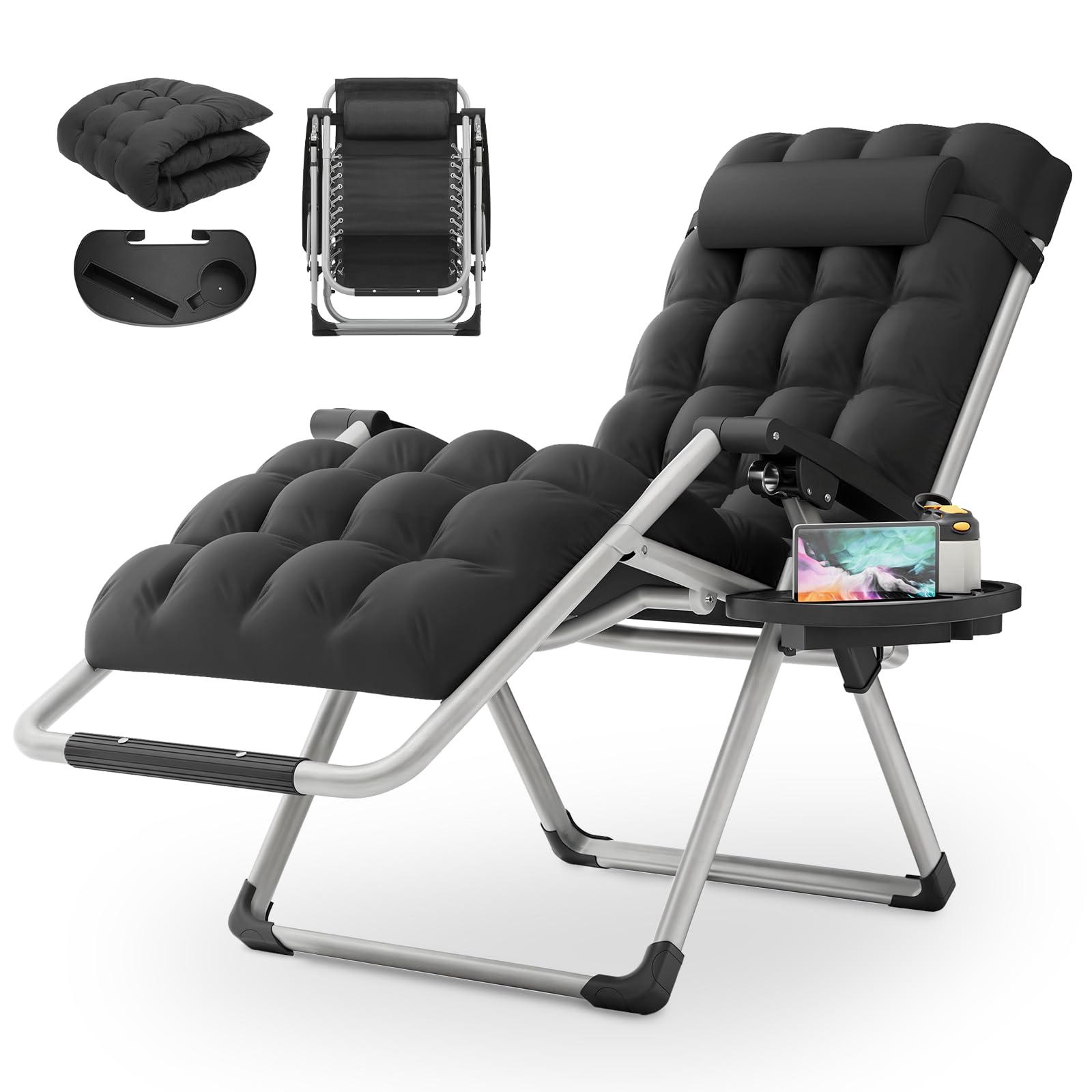 Monibloom Reinforced Zero Gravity Chair, Folding Pool Beach Lounger, Portable Tanning Chaise With Cushion, Headrest And Side Tray, 330Lbs Capacity - Black