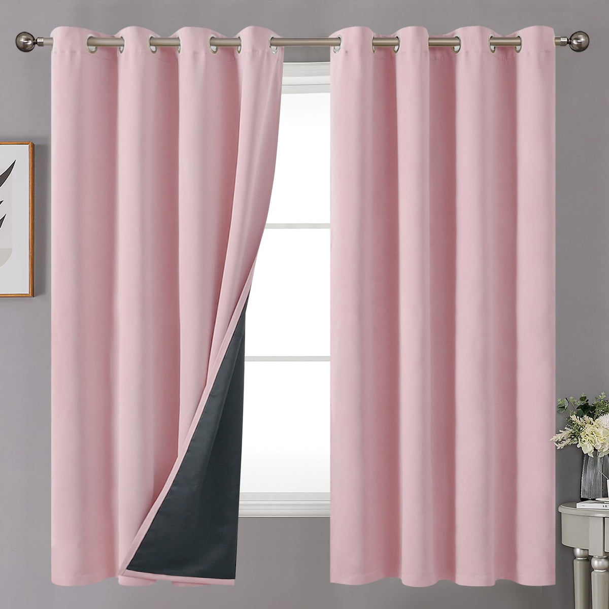 Youngstex Baby Pink 100% Blackout Curtains 63 Inches Length For Kids Bedroom, Thick Full Light Blocking Thermal Insulated Blacko