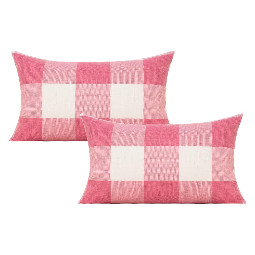 Vakado 12X20 Set Of 2 Pink Throw Pillow Covers Lumbar Buffalo Plaids Decorative Gingham Farmhouse Decor Outdoor Checkered Square