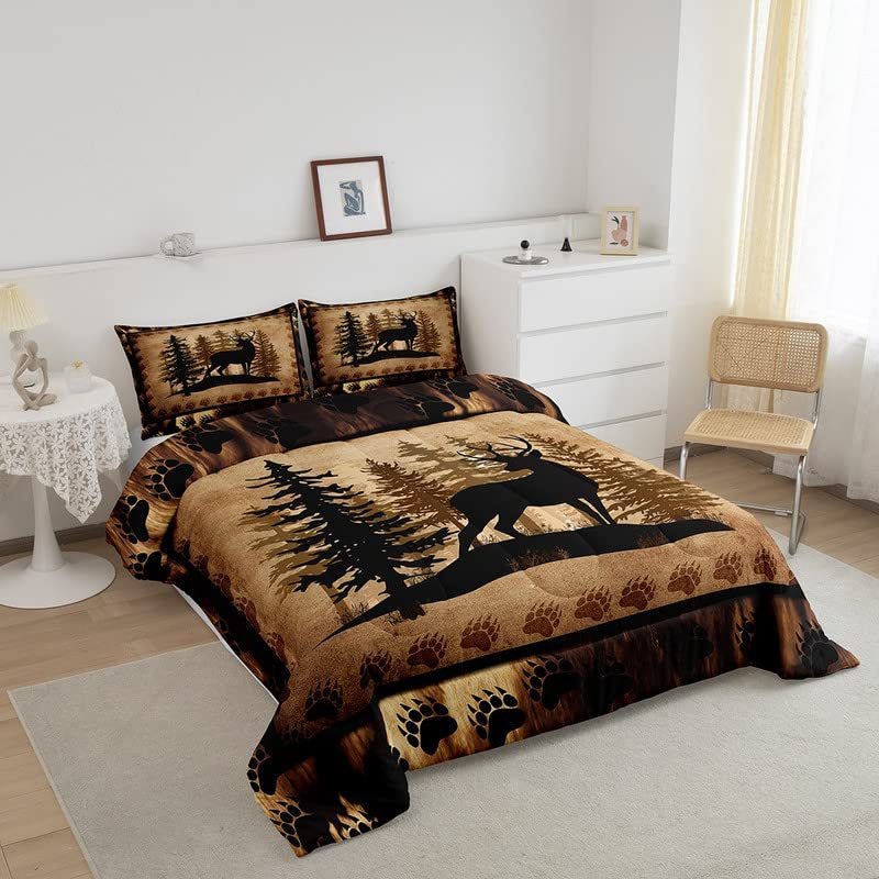 Feelyou Cute Deer Comforter Set For Girls Boys Kids Deer Hunting Bedding Set Room Decorative Rustic Bear Paw Print Bedding Set C