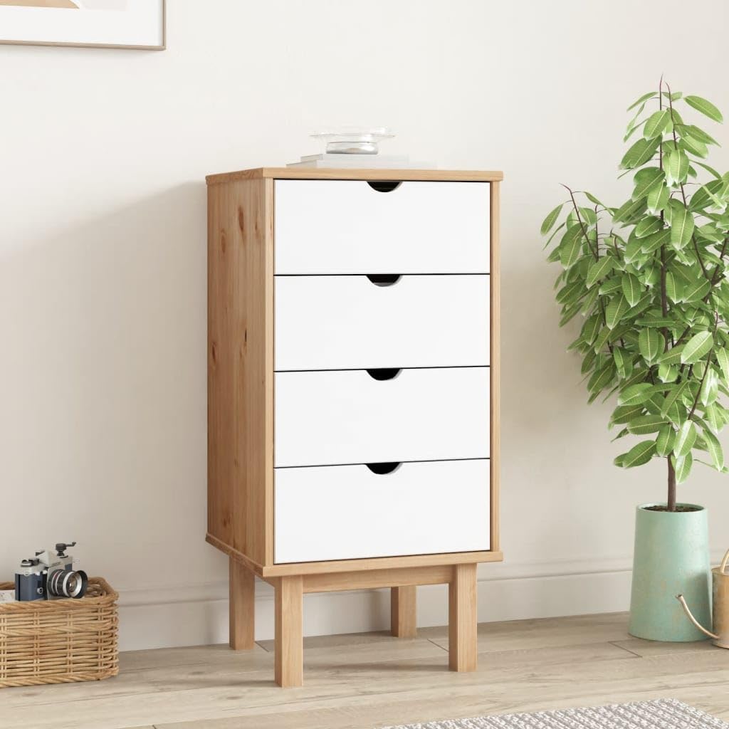 vidaXL OTTA Brown&White Drawer Cabinet - 18.1&quot;x15.6&quot;x35.4&quot; Scandinavian Style Solid Pine Wood 4-Drawer Storage with Sturdy Top and Wall Attachment Device