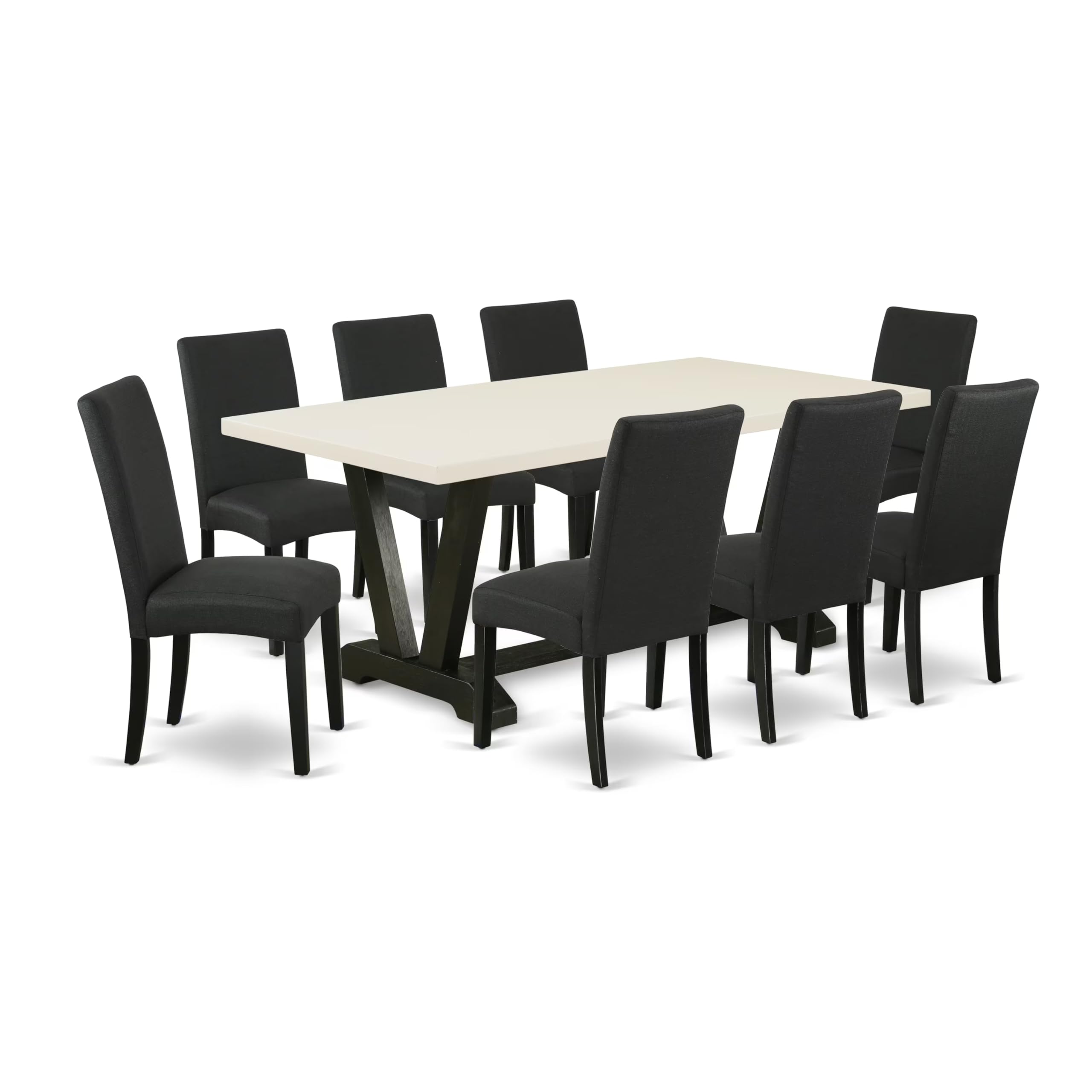 East West Furniture V627Dr124-9 9 Piece Dining Set Includes A Rectangle Dining Room Table With V-Legs And 8 Black Color Linen Fabric Upholstered Parson Chairs, 40X72 Inch, Multi-Color