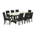 East West Furniture V627Dr124-9 9 Piece Dining Set Includes A Rectangle Dining Room Table With V-Legs And 8 Black Color Linen Fabric Upholstered Parson Chairs, 40X72 Inch, Multi-Color