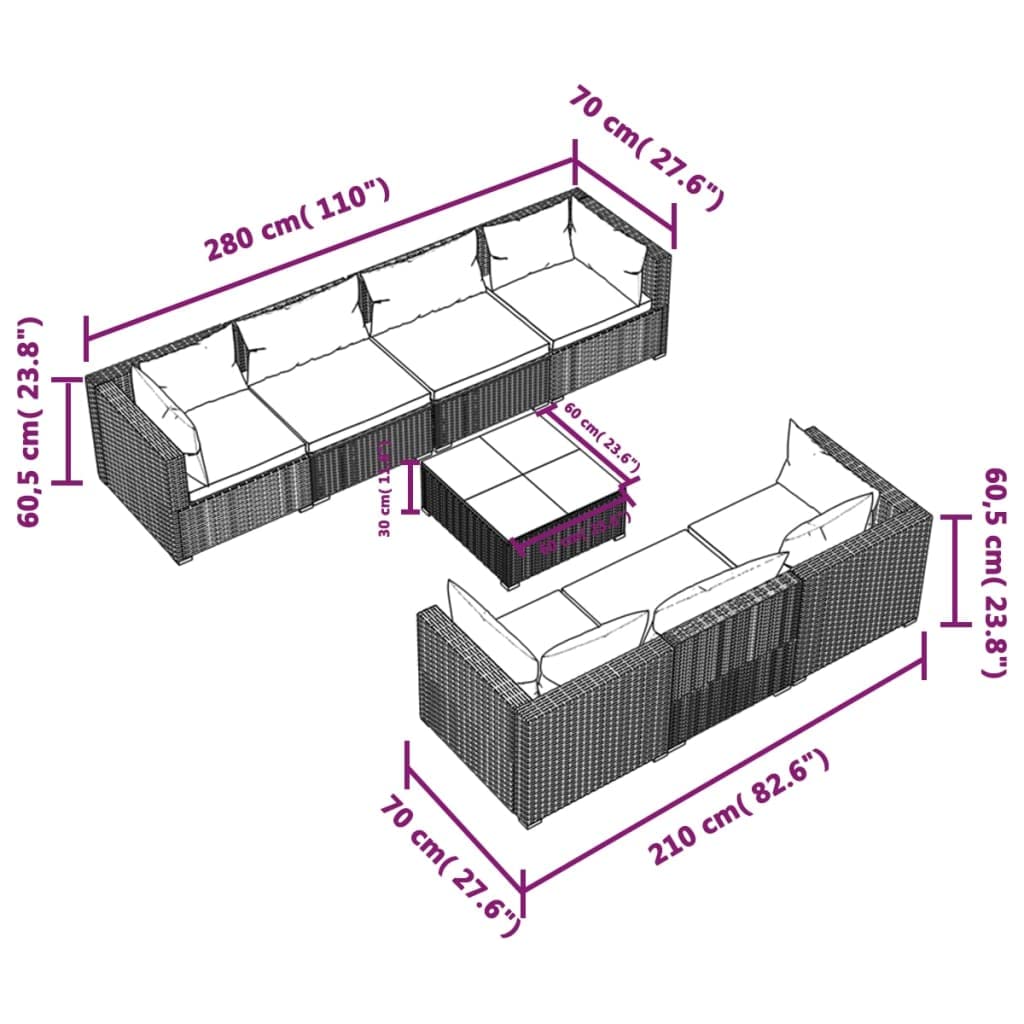 vidaXL 8-Piece Patio Lounge Set with Cushions - Modular Design - PE Rattan - Powder-Coated Steel Frame - Glass Tabletop - Fabric Cushions - Brown/Red