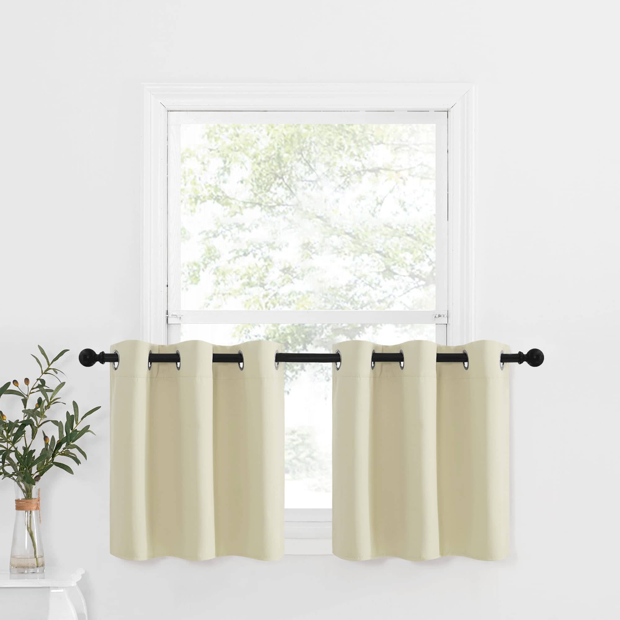Nicetown Farmhouse Style Kitchen Curtains, Rustic Short Blackout Curtains For Home Decor, Energey Saving Grommet Top Window Valances Tiers For Bathroom/Basement, 2 Panels, Lighet Beige, W42 X L24