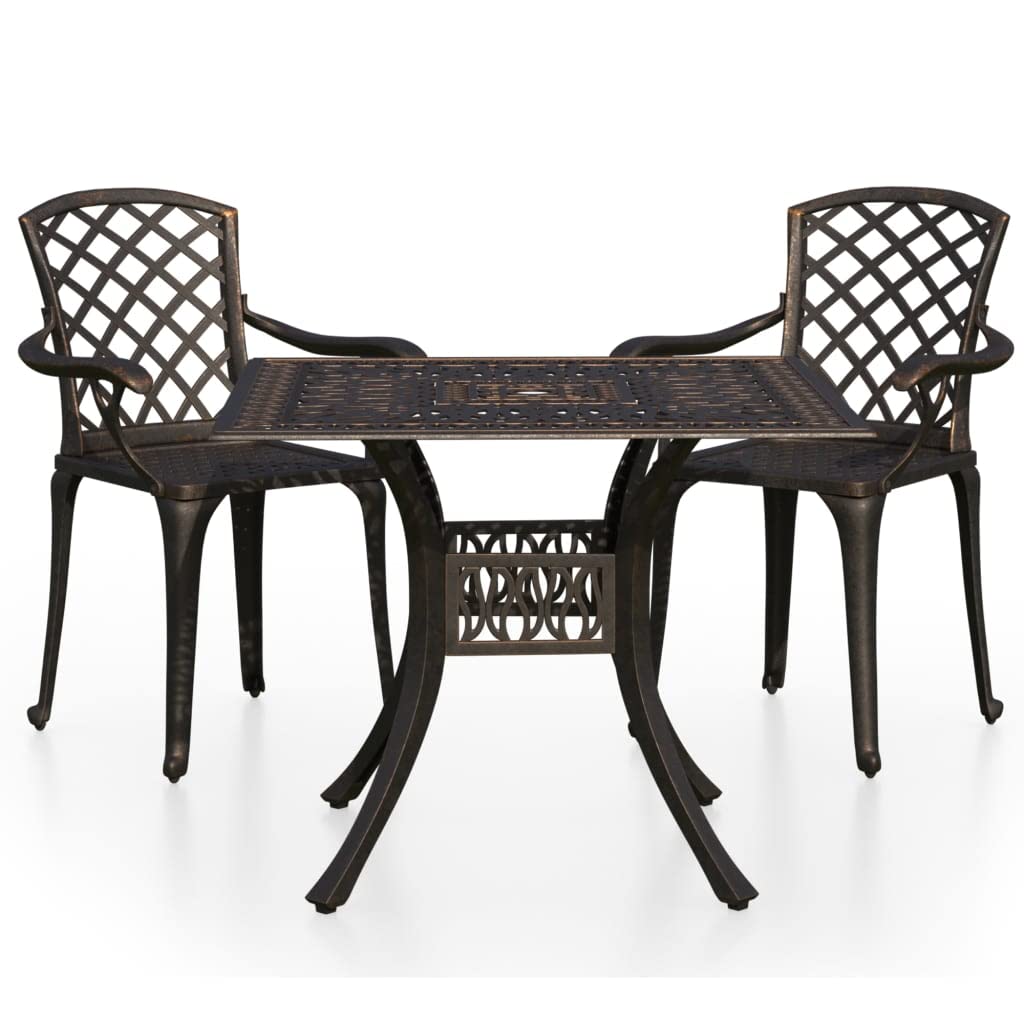 vidaXL Bronze Bistro Patio Set - 3 Piece Cast Aluminum Outdoor Furniture Set with Weather-Rust Resistant Table and Chairs - Includes Umbrella Hole