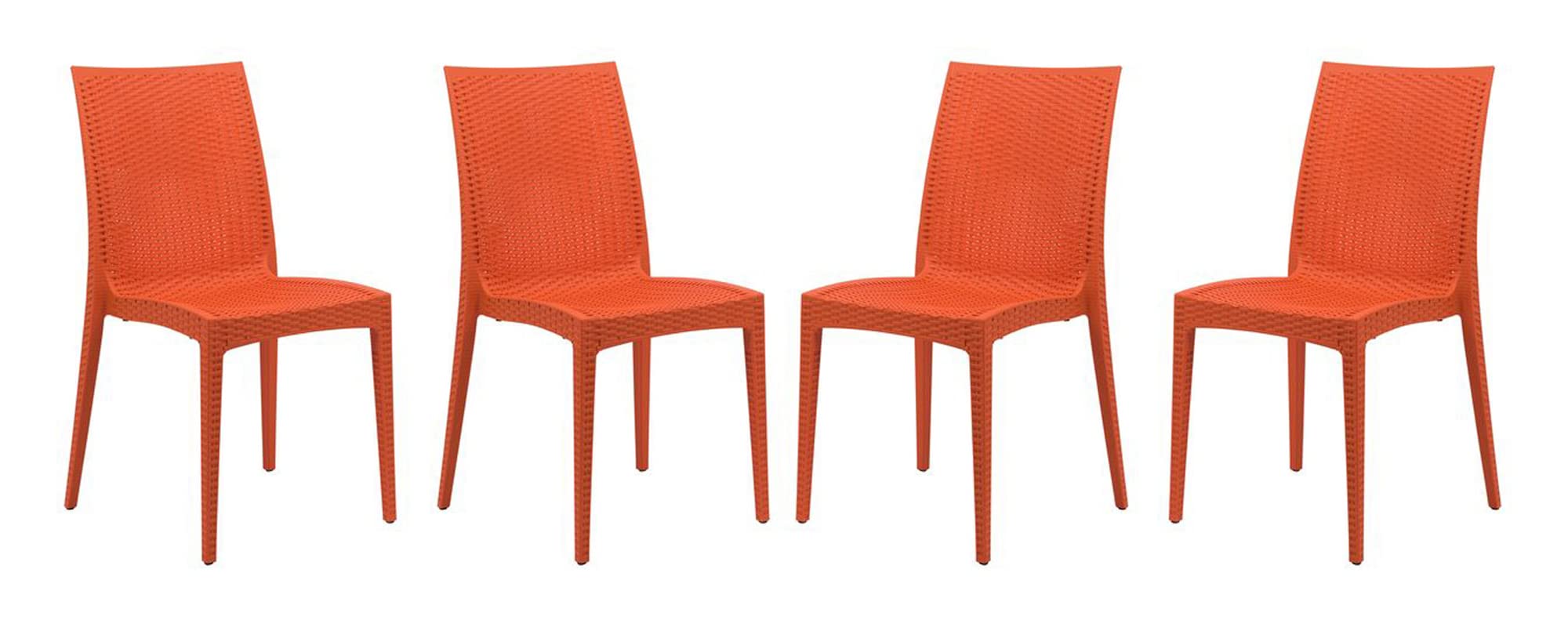 LeisureMod Modern Indoor/Outdoor Home Decorative Furniture Weave Mace Dining Chair (Armless), Set of 4 - Orange