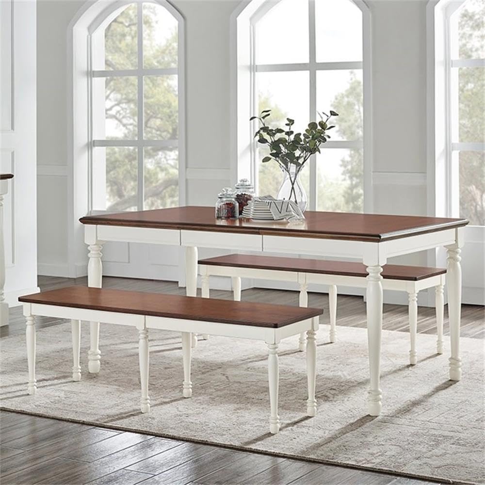 Crosley Furniture Shelby 3-Piece Traditional Dining Table Set for 6 with 2 Wood Benches, Distressed White
