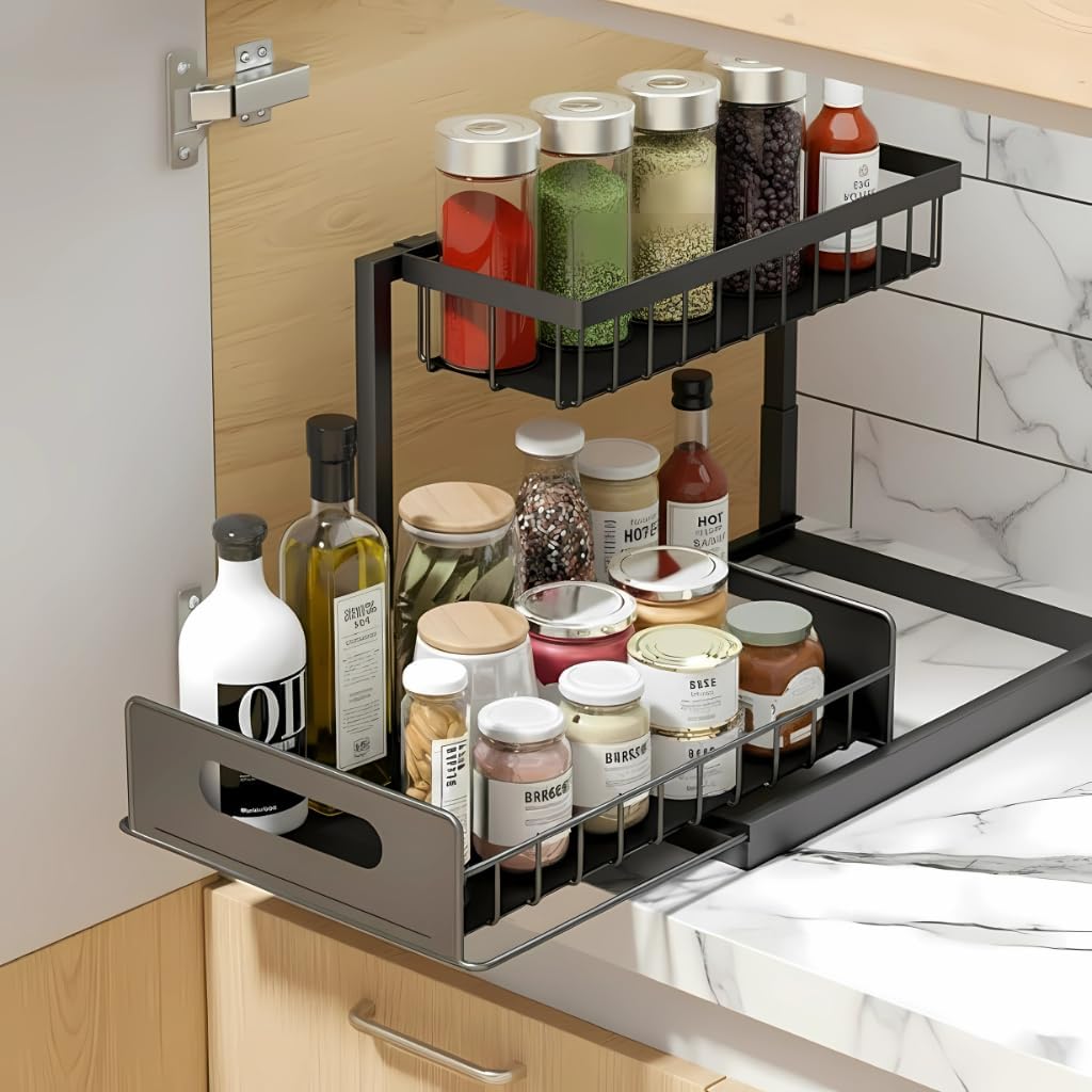 2Tier Pull Out Cabinet Organizer Rack | Under Sink Kitchen Storage Shelf With Sliding Drawer | Heavy Duty Metal Under Cabinet &