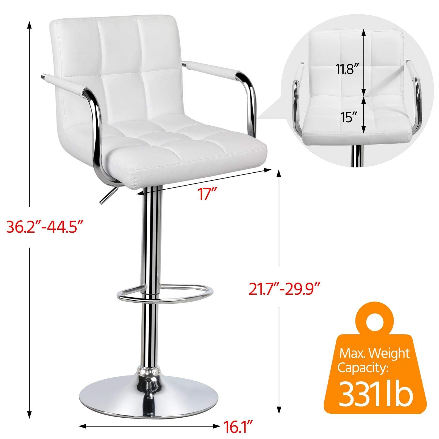 Yaheetech Bar Stools Set Of 2, Pu Leather Adjustable Swivel Barstools, Hydraulic Kitchen Counter Height Bar Chairs With Armrest And Back For Bar, Kitchen, Dining Room, White