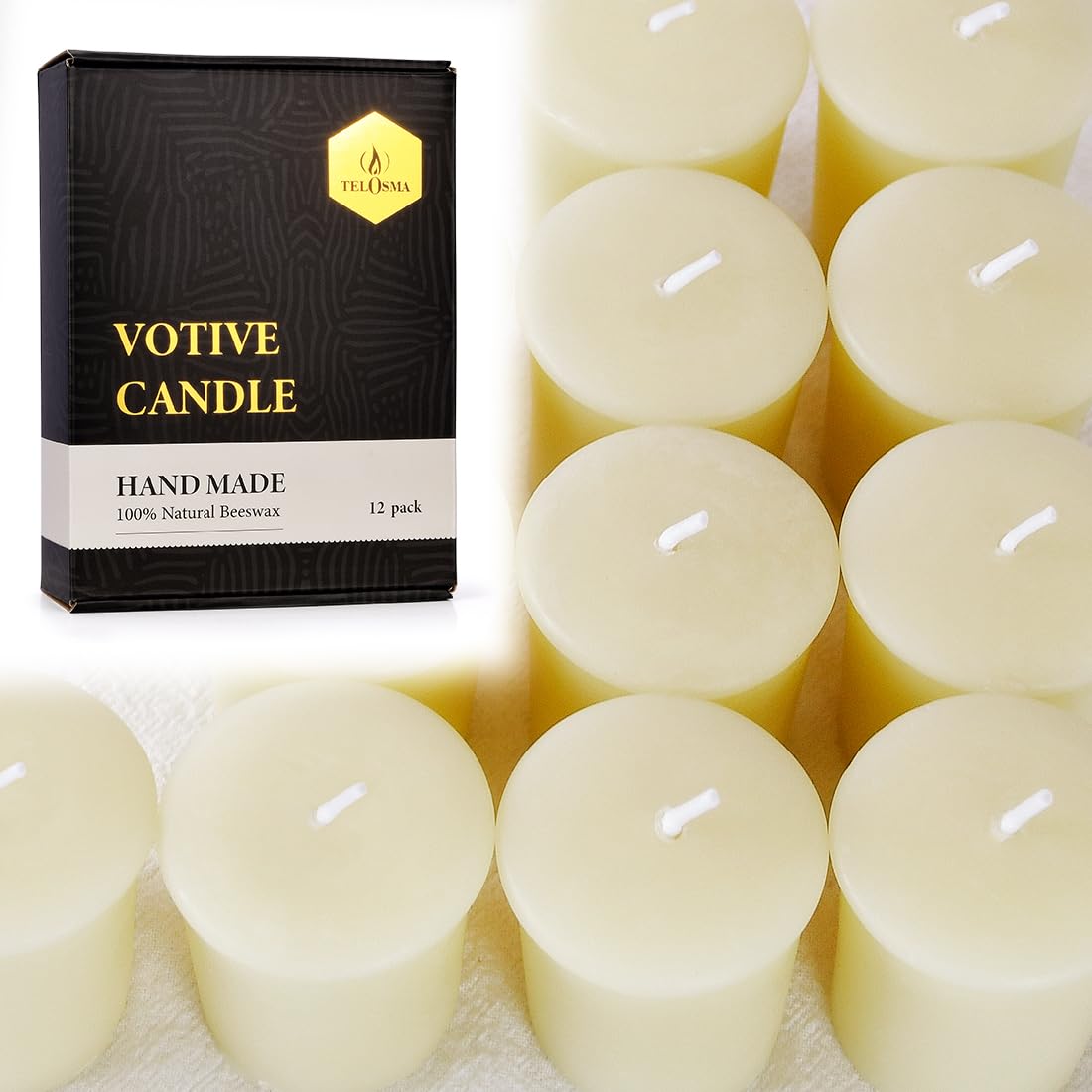 TELOSMA Organic Beeswax Votive Candles - Natural Scent Smokeless for Weddings, Restaurants, Parties, Spa and Decorations -Pack o