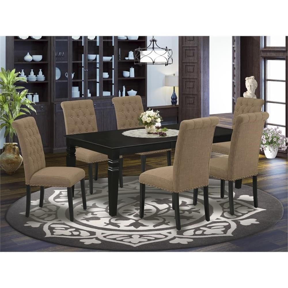 East West Furniture Lgbr7-Blk-17 7 Piece Dining Room Table Set Consist Of A Rectangle Kitchen Table With Butterfly Leaf And 6 Light Sable Linen Fabric Parsons Chairs, 42X84 Inch, Black