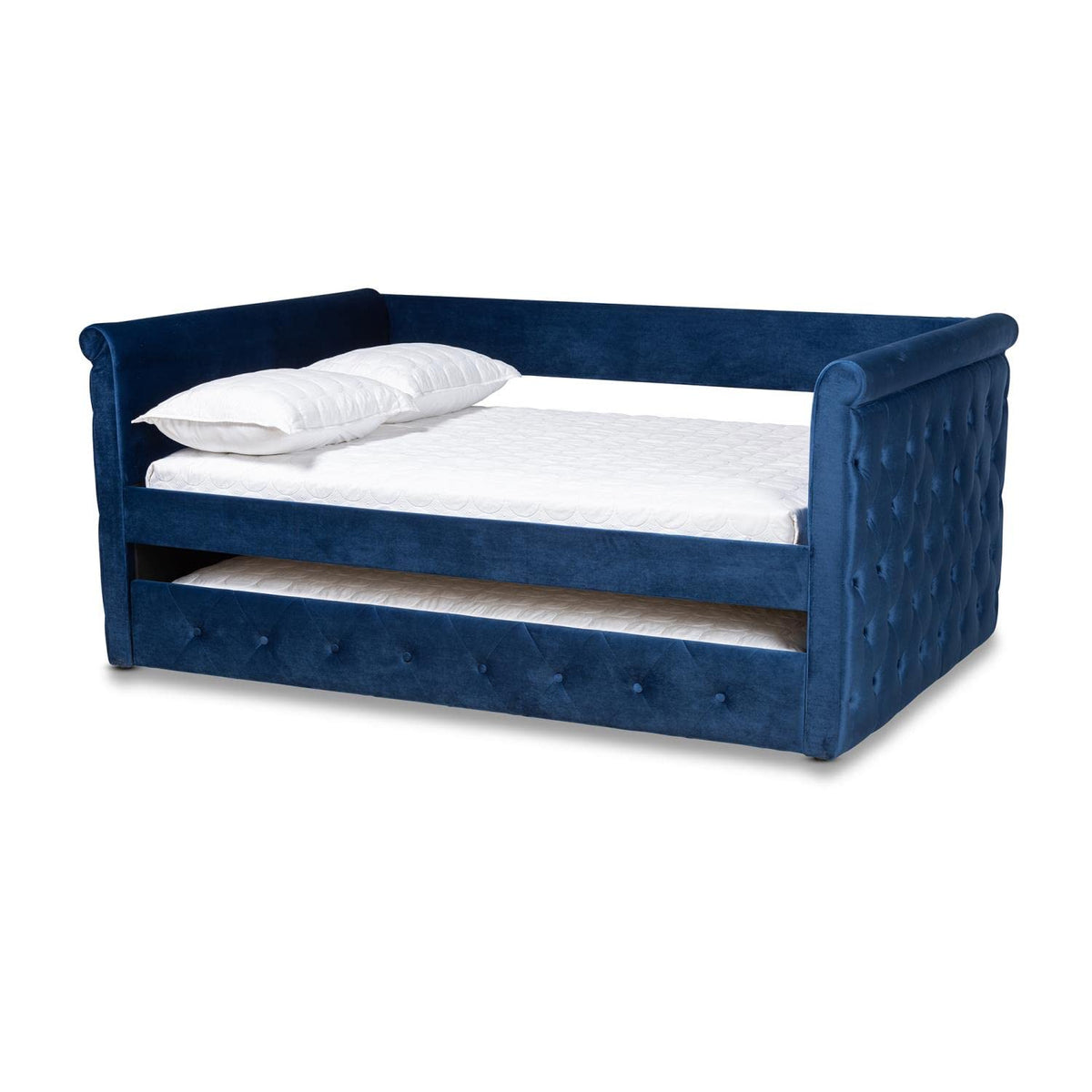 Baxton Studio Amaya Velvet and Wood Queen Daybed with Trundle in Navy Blue