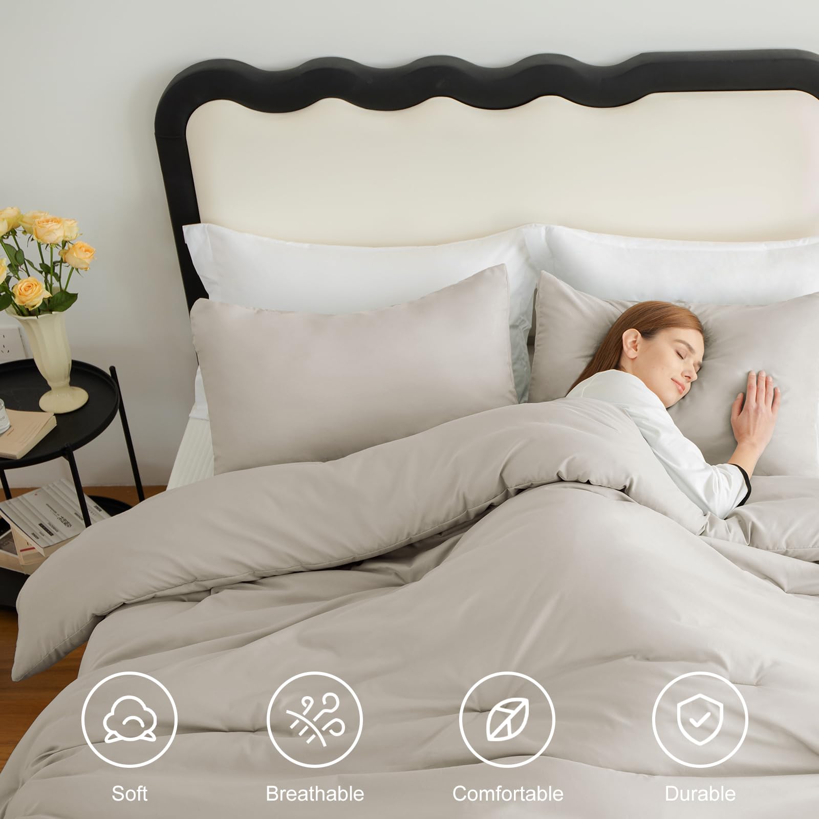 Cozylux Beige Comforter Set Twin/Twin Xl Size, 2 Pieces Twin Extra Long Boho Solid Breathable Quilted Style Bedding Sets, Luxury Fluffy Soft Microfiber Comforter All Season(1 Comforter & 1 Pillowcase)