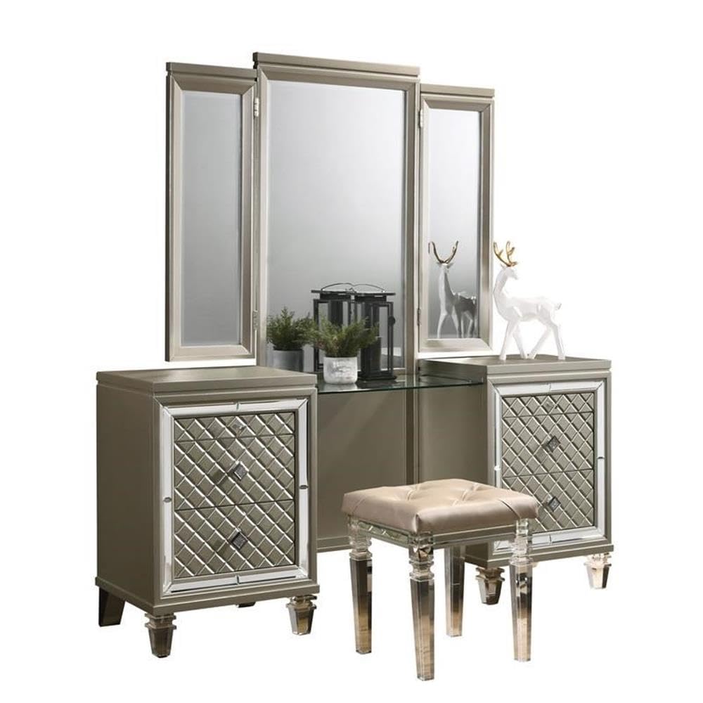 Best Quality Furniture Venetian 3Pc (Eastern King Bed And Vanity Set), Champagne