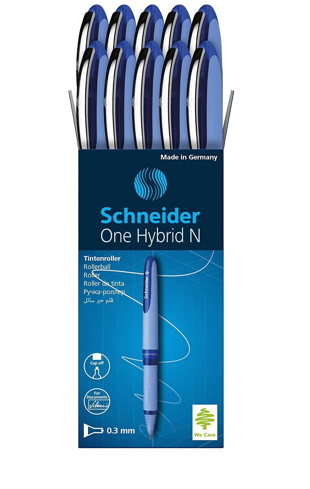 Schneider One Hybrid N Rollerball Pen, 0.3 Mm Hybrid Needle Tip, Light Blue Barrel, Blue Ink, Box Of 10 Pens (183403)