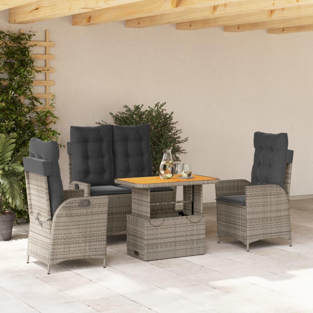 vidaXL Patio Dining Set with Cushions - 4 Piece PE Rattan Outdoor Reclining Chairs-Adjustable Bench and Lift-Up Table