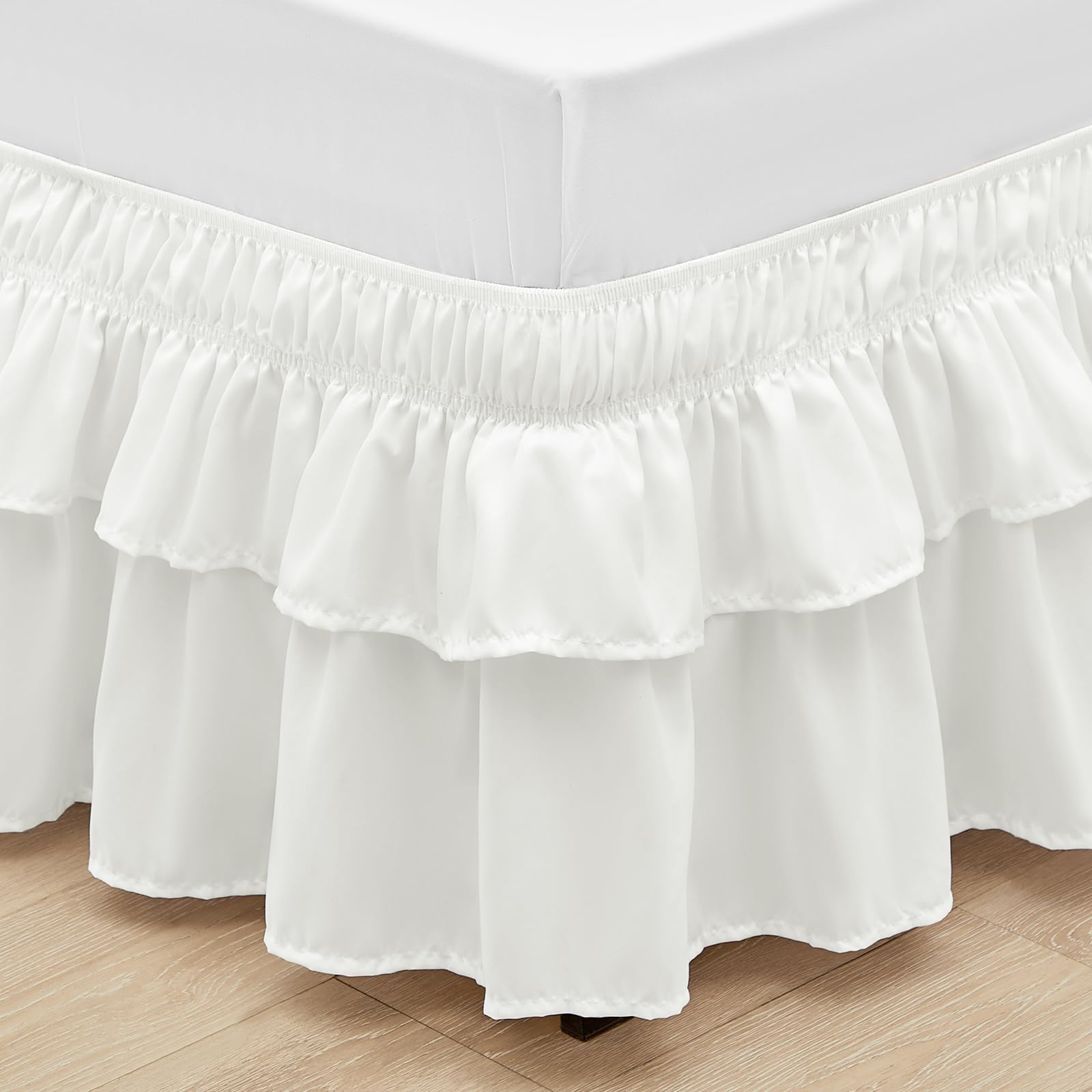 Rimela Ruffle Bed Skirt Warm White Queen 15 Inch Drop, Elastic Wrap Around Bed Skirting Queen Size, Easy To Install Dust Ruffle,
