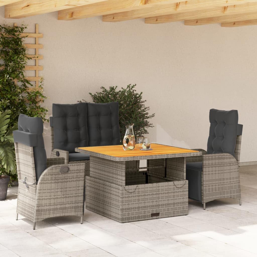vidaXL 4 Piece Patio Dining Set - Gray Poly Rattan Furniture with Adjustable Table & Reclining Seats for Outdoor Garden/Backyard, Includes Cushions