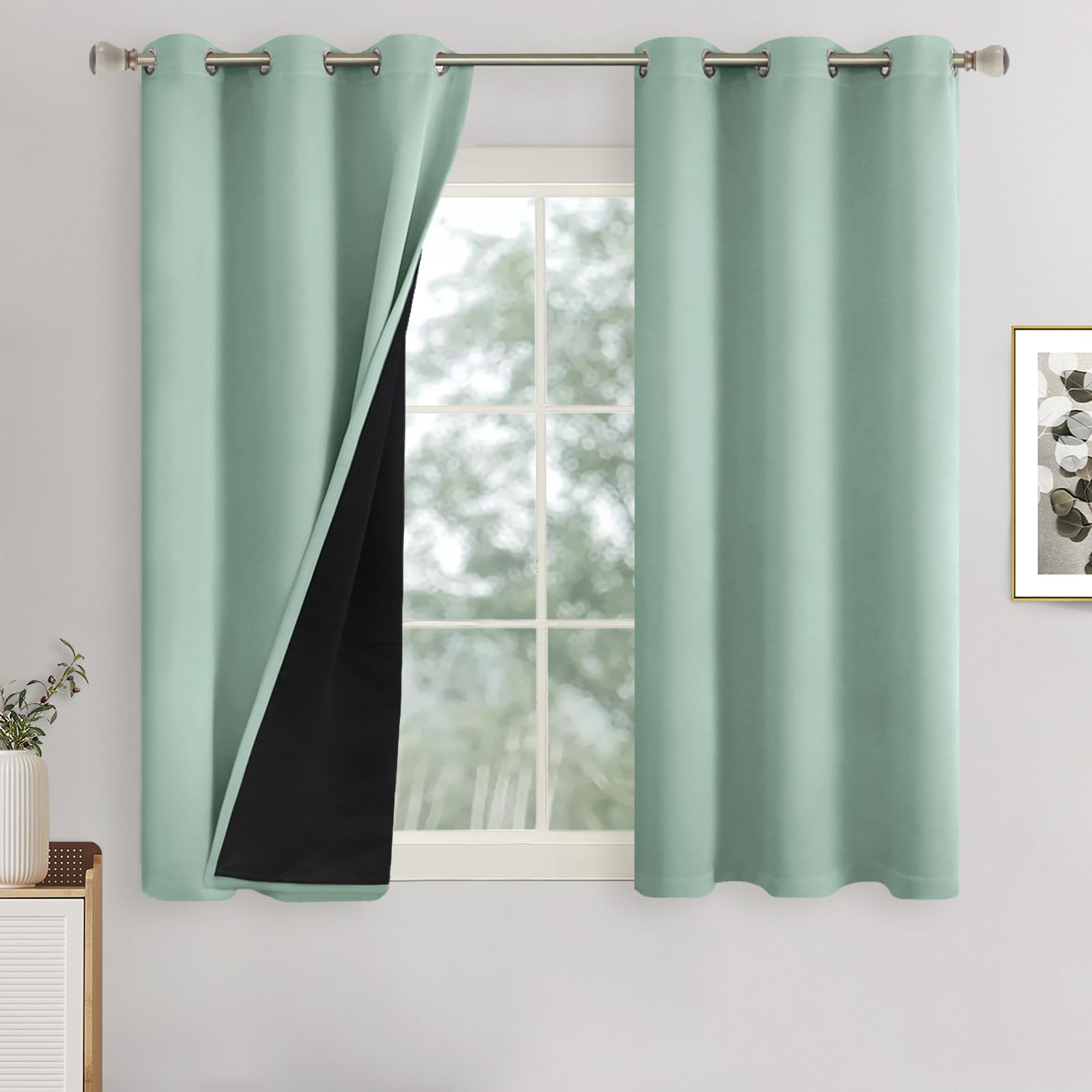 Quemas Frosty Green Blackout Curtains 45 Inch Length 2 Panels For Living Room, Thermal Insulated 100% Light Blocking Soundproof