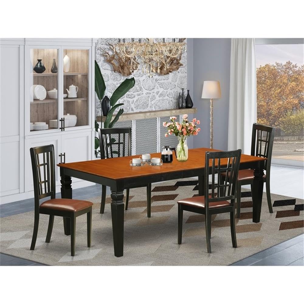 East West Furniture LGNI5-BCH-LC Logan 5 Piece Set Includes a Rectangle Dining Table with Butterfly Leaf and 4 Faux Leather Kitchen Room Chairs, 42x84 Inch, Black & Cherry