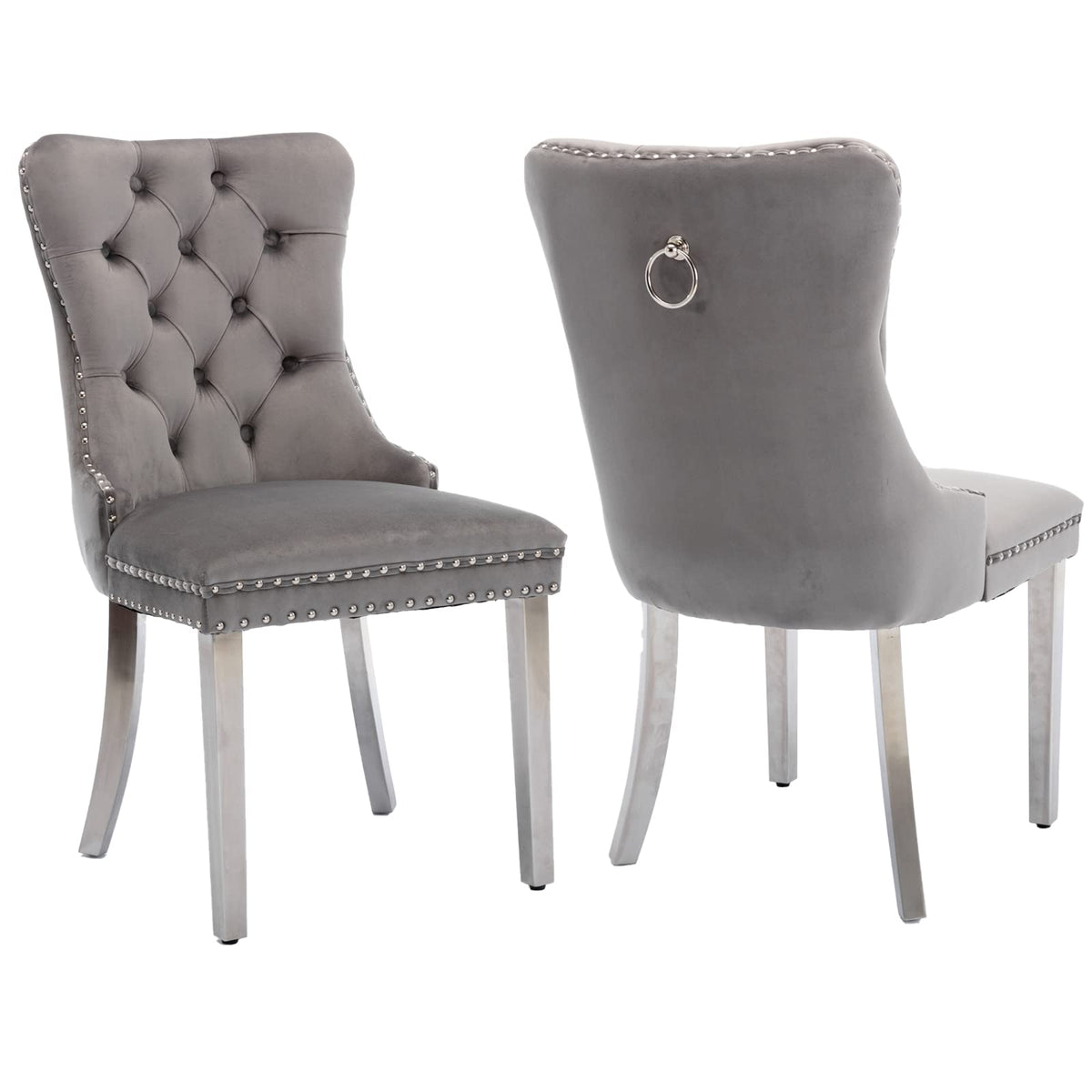Velvet Dining Chairs Set Of 2, Upholstered Dining Room Chairs With Back Ring Pull Trim And Sliver Stainless Steel Legs,Tufted Wi