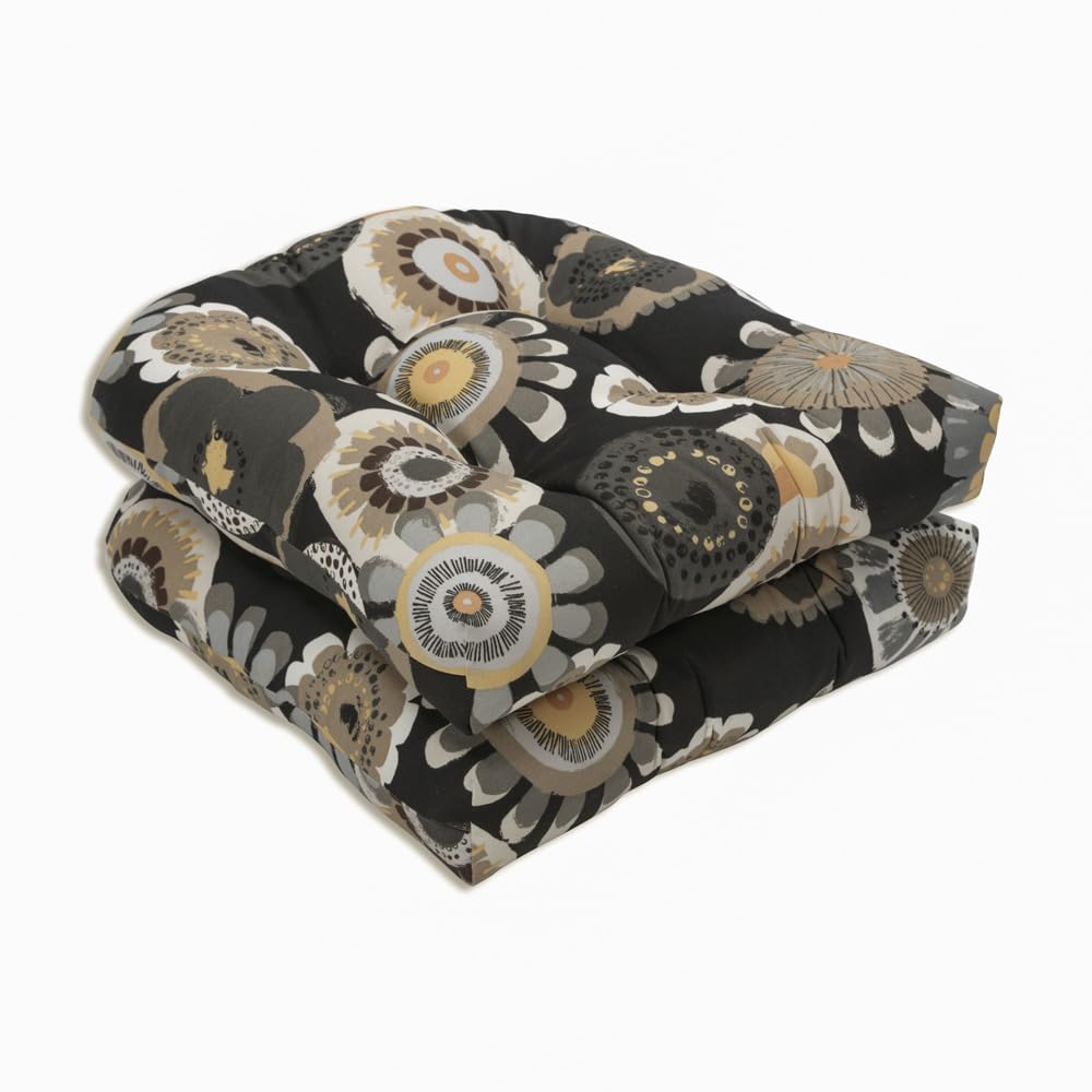Pillow Perfect Floral Indoor/Outdoor Chair Seat Cushion, Tufted, Weather, And Fade Resistant, 19' X 19', Black/Yellow Crosby,