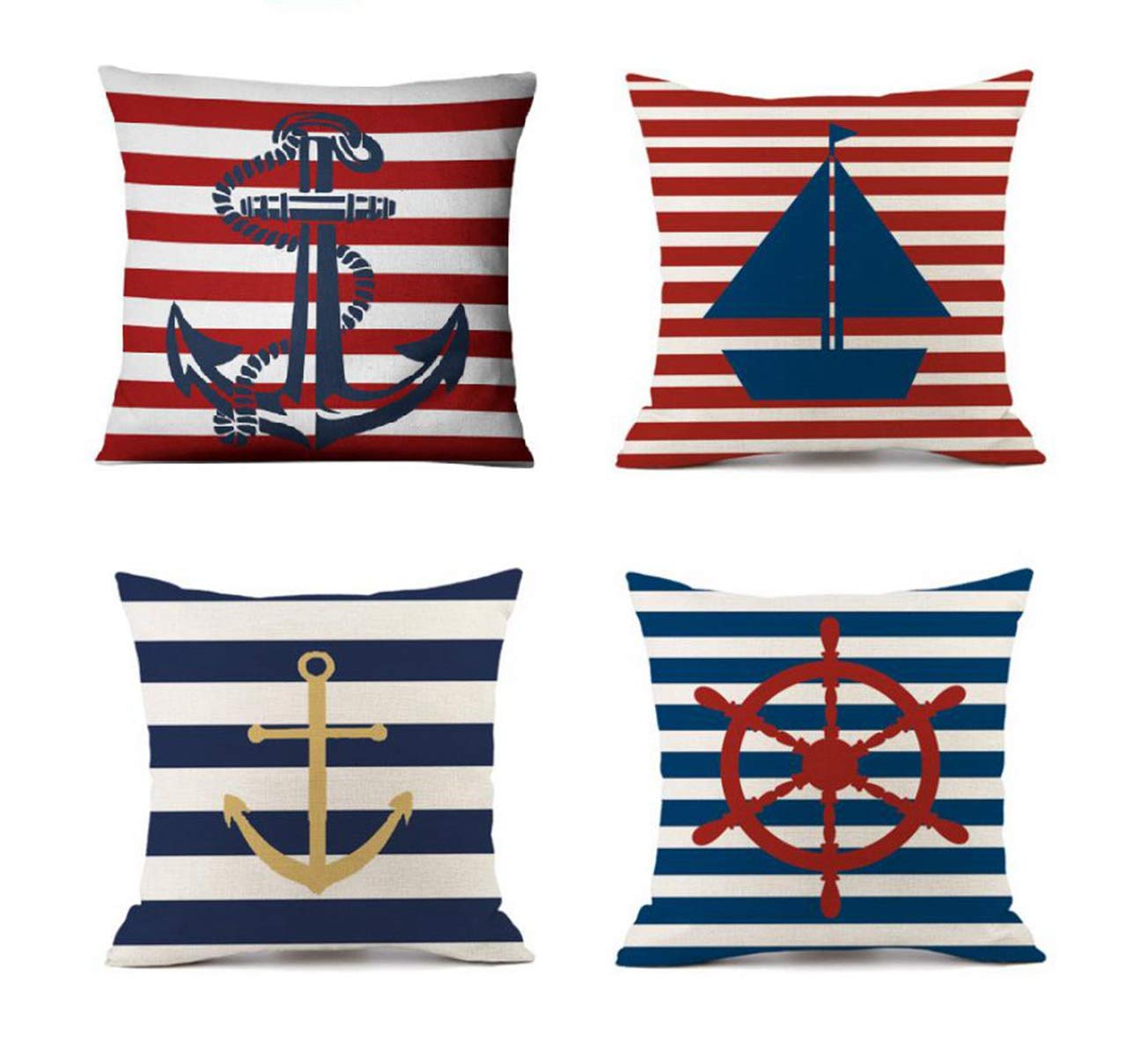 Emvency Set Of 4 Pillow Covers Decorative Cushion 18' X 18' Geography Theme Nautical Sailing Compass Boat Cover Navy Blue Red