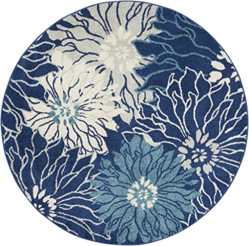 HomeRoots Navy/Ivory 100% Polypropylene 4’ Round Navy and Ivory Floral Area Rug