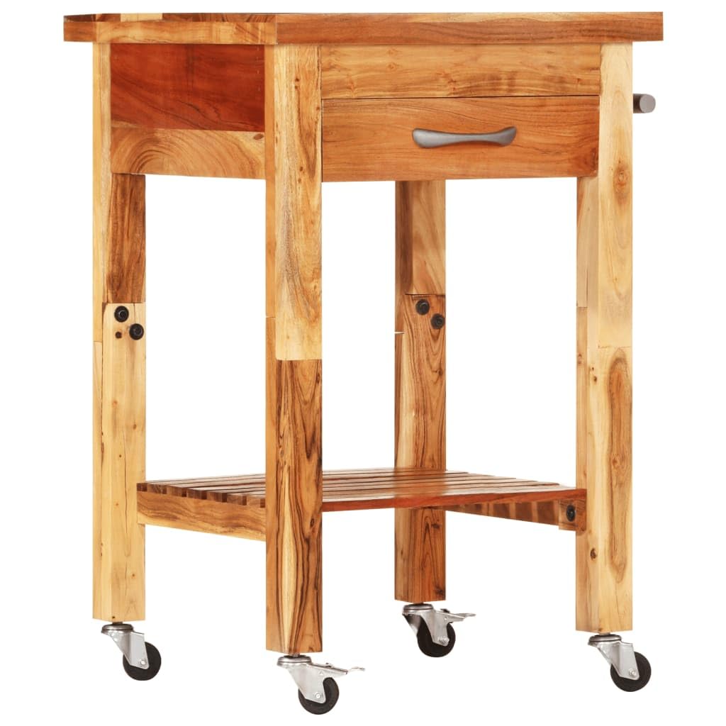 Vidaxl Solid Acacia Wood Kitchen Trolley - 22.8"X22.8"X35" - With Drawer, Shelf, Towel Rack & Lockable Casters - Natural Finish