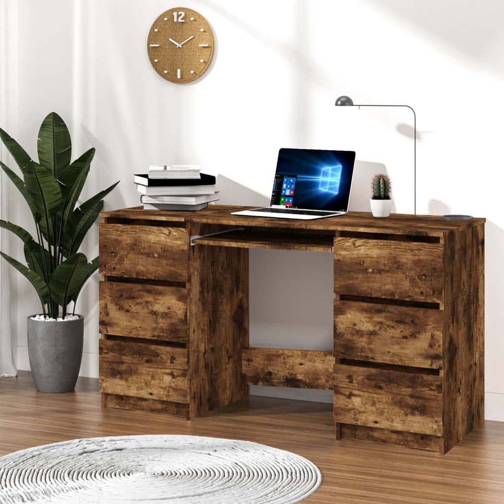 Vidaxl Desk, Home Office Furniture Computer Desk, Standing Desk With Storage Drawers, Writing Desk, Modern Style, Smoked Oak Engineered Wood