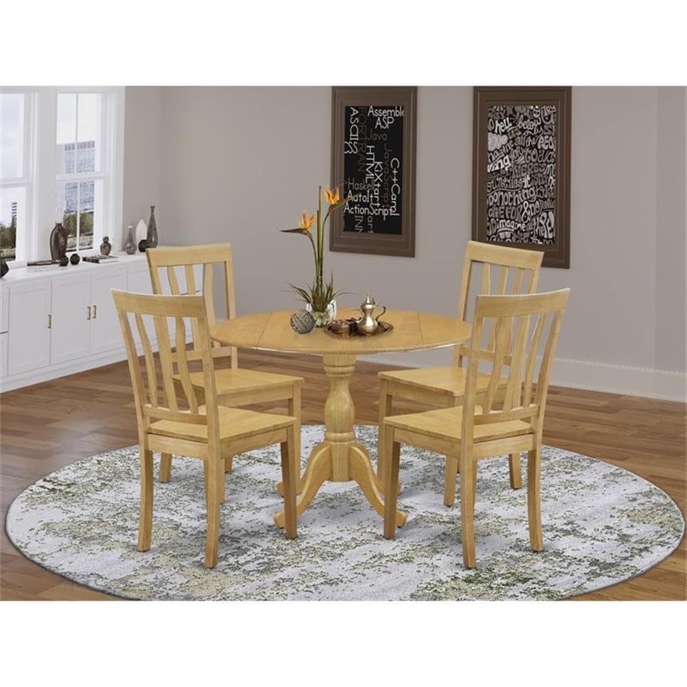 East West Furniture DMAN5-OAK-W 5 Piece Dining Room Table Set Includes a Round Kitchen Table with Dropleaf and 4 Dining Chairs, 42x42 Inch, Oak