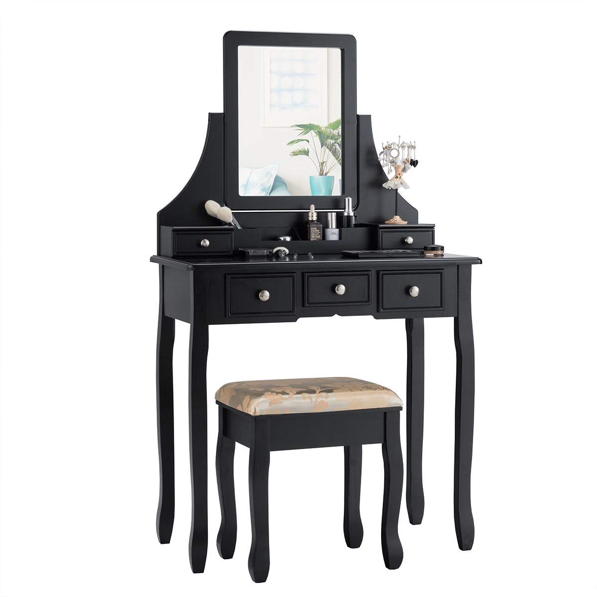 CHARMAID Makeup Vanity Set with Mirror and Cushioned Stool, Dressing Table with 5 Drawers and Removable Storage Organizers, Bedr