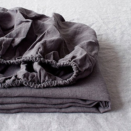 Simple&Opulence 100% Linen Fitted Sheet (1 Piece) Mattress Cover, Natural Belgian Flax-Full Size, 14 Inch Deep Pocket Stone Wash