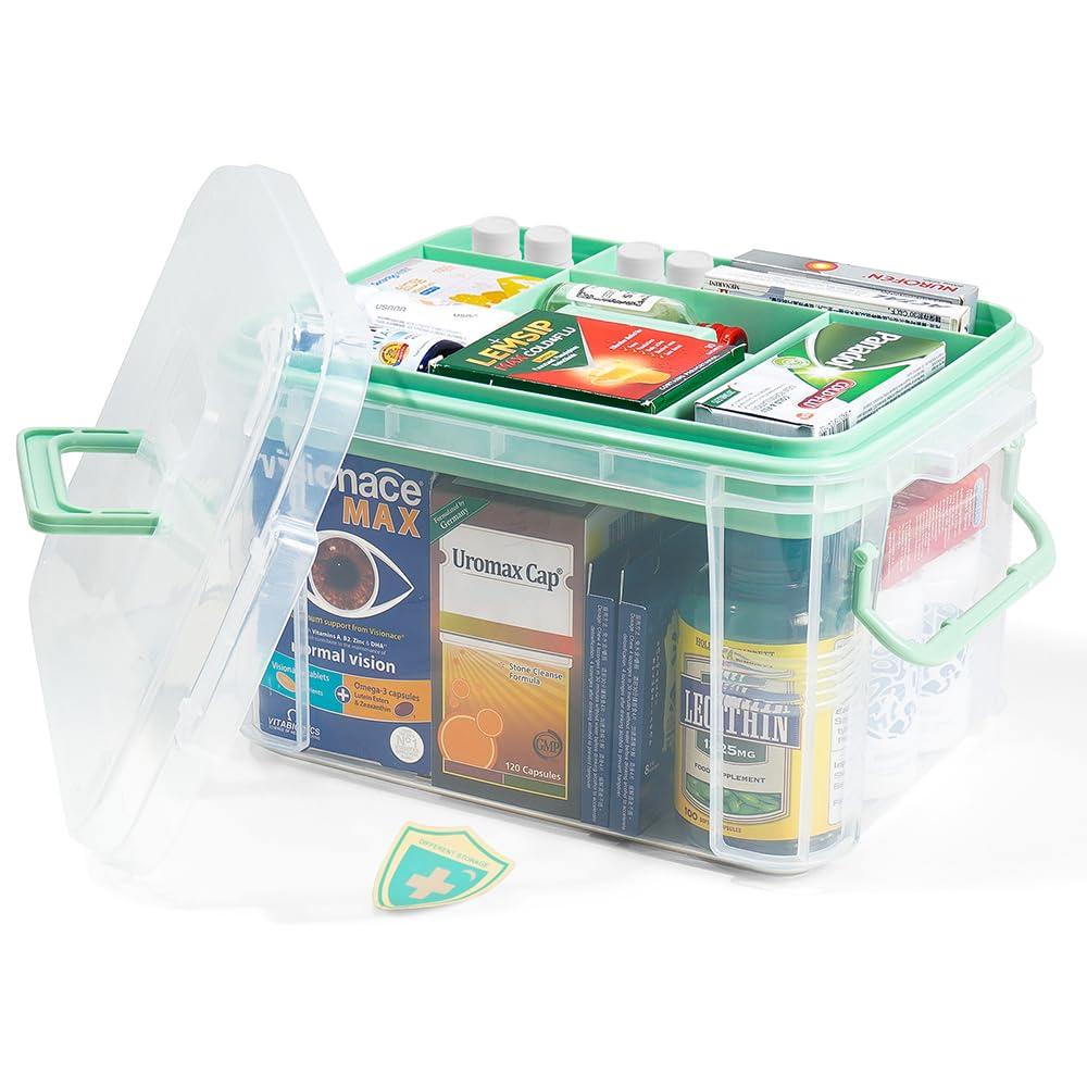 2Tier Medicine Organizer  Plastic Portable Storage Box with Handle Green