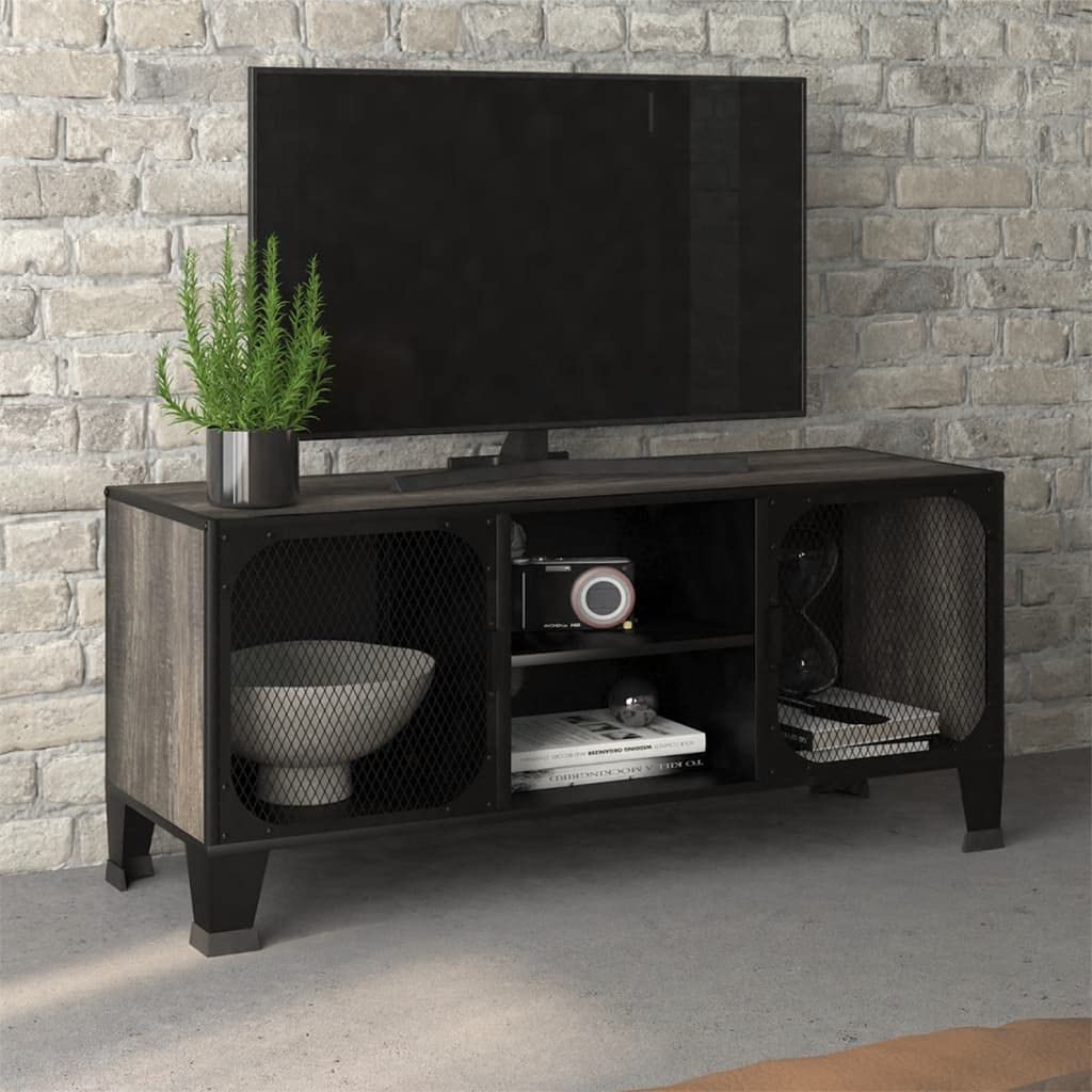 vidaXL Sturdy TV Stand in Gray: Industrial Style Metal and MDF Entertainment Unit with Mesh Doors and Cable Management Holes - for Living Room and Bedroom