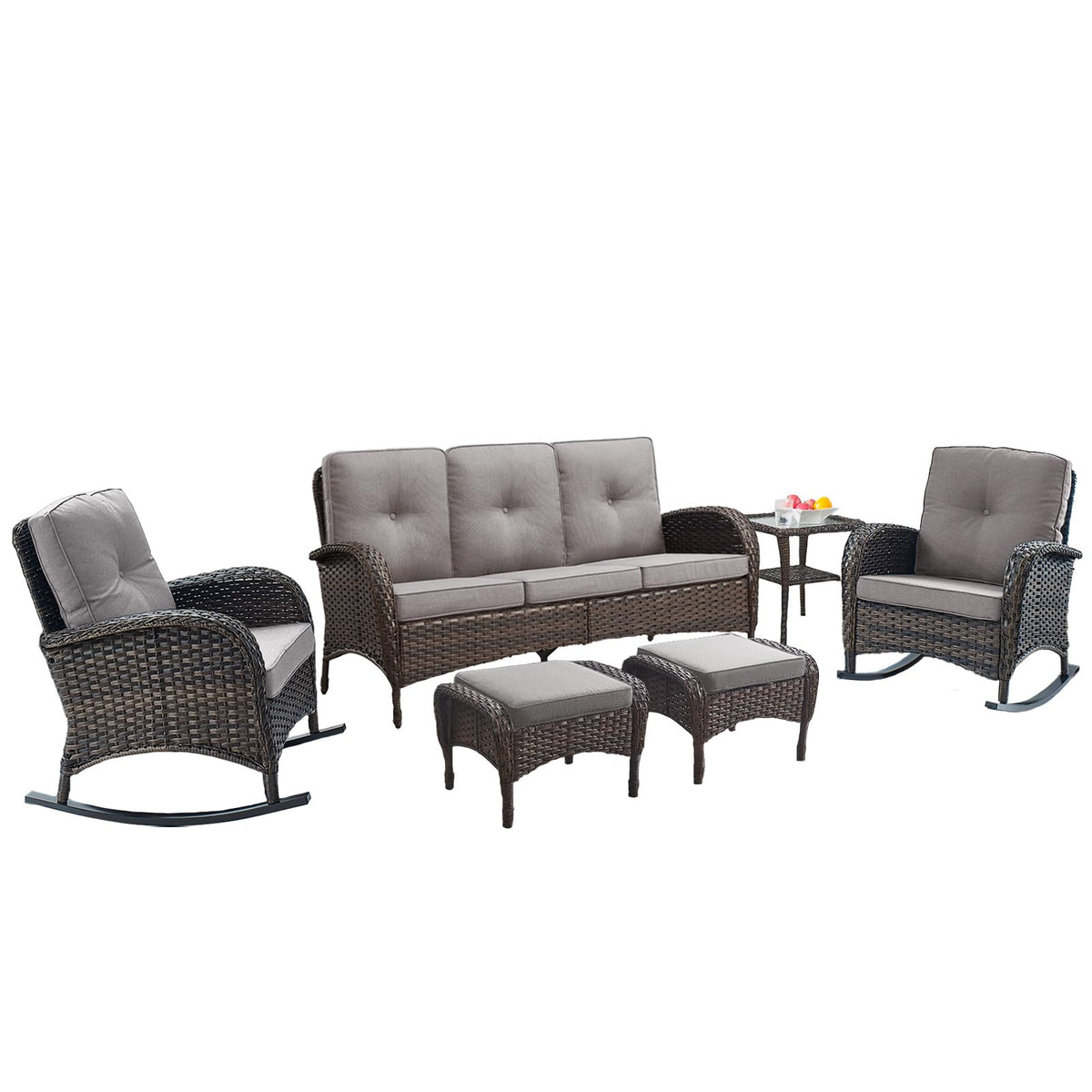 Belord Patio Rocking Chairs Furniture Set Of 6, Outdoor Wicker Furniture Sets With Wicker Rocker, Small Patio Conversation Sets With Outdoor Couch Ottomans Brown/Grey
