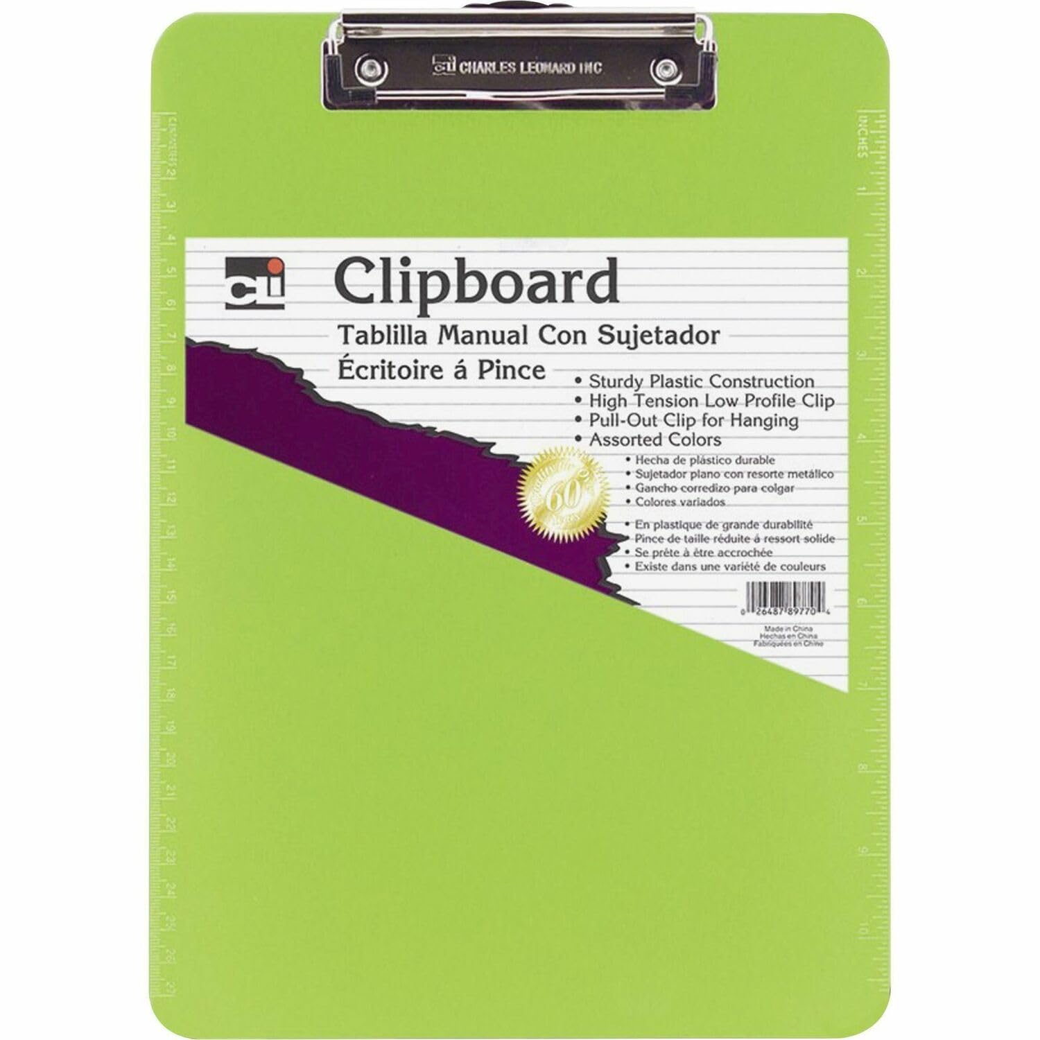 Charles Leonard Transparent Plastic Clipboard With Low Profile Clip And Pull Out Hook, Letter Size, Neon Green, 1 Each (89725)
