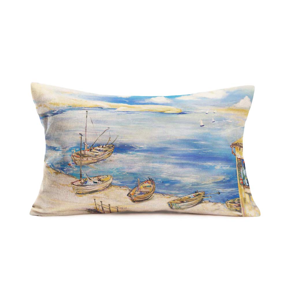 Tlovudori Beach Coastal Nautical Boat Decorative Pillow Cushion Case Cover Watercolor Blue Ocean Sea Sailboat Cotton Linen Throw