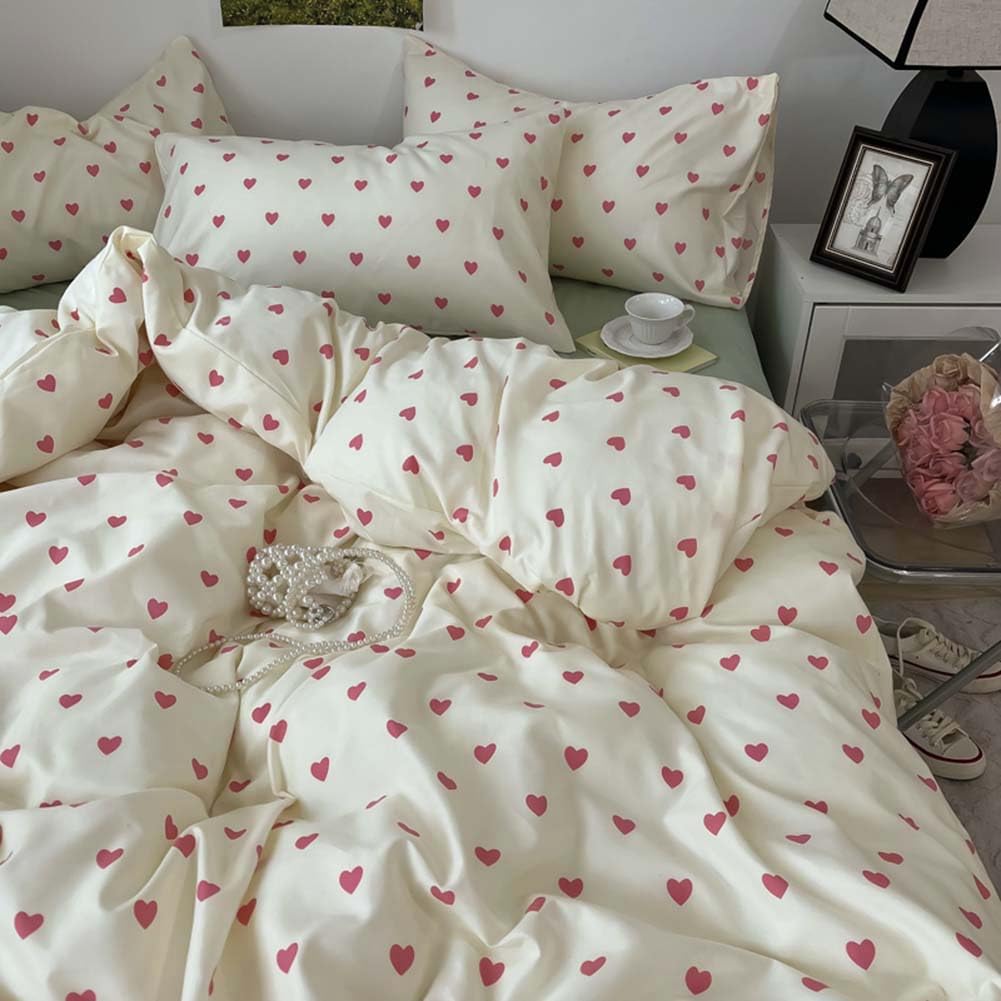 Nayoroom Heart Duvet Cover Queen Size Kawaii Pink Heart Printed On Cream White Bedding Set 3Pcs Kids Girls Cute Heart-Shaped Pat