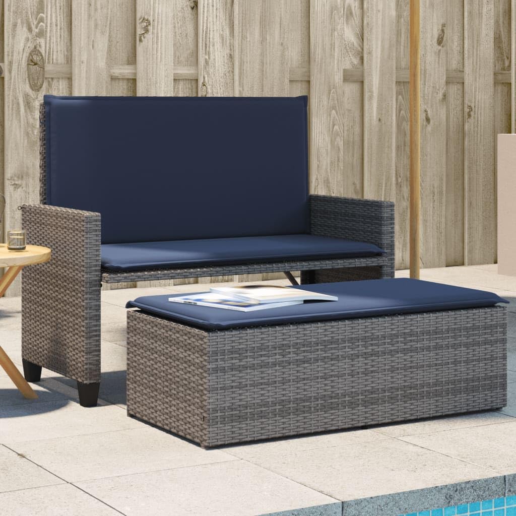 vidaXL Patio Bench with Cushions and Footstool ?Outdoor Loveseat Sofa Bed, Gray Poly Rattan ?Garden, Patio, Deck Furniture