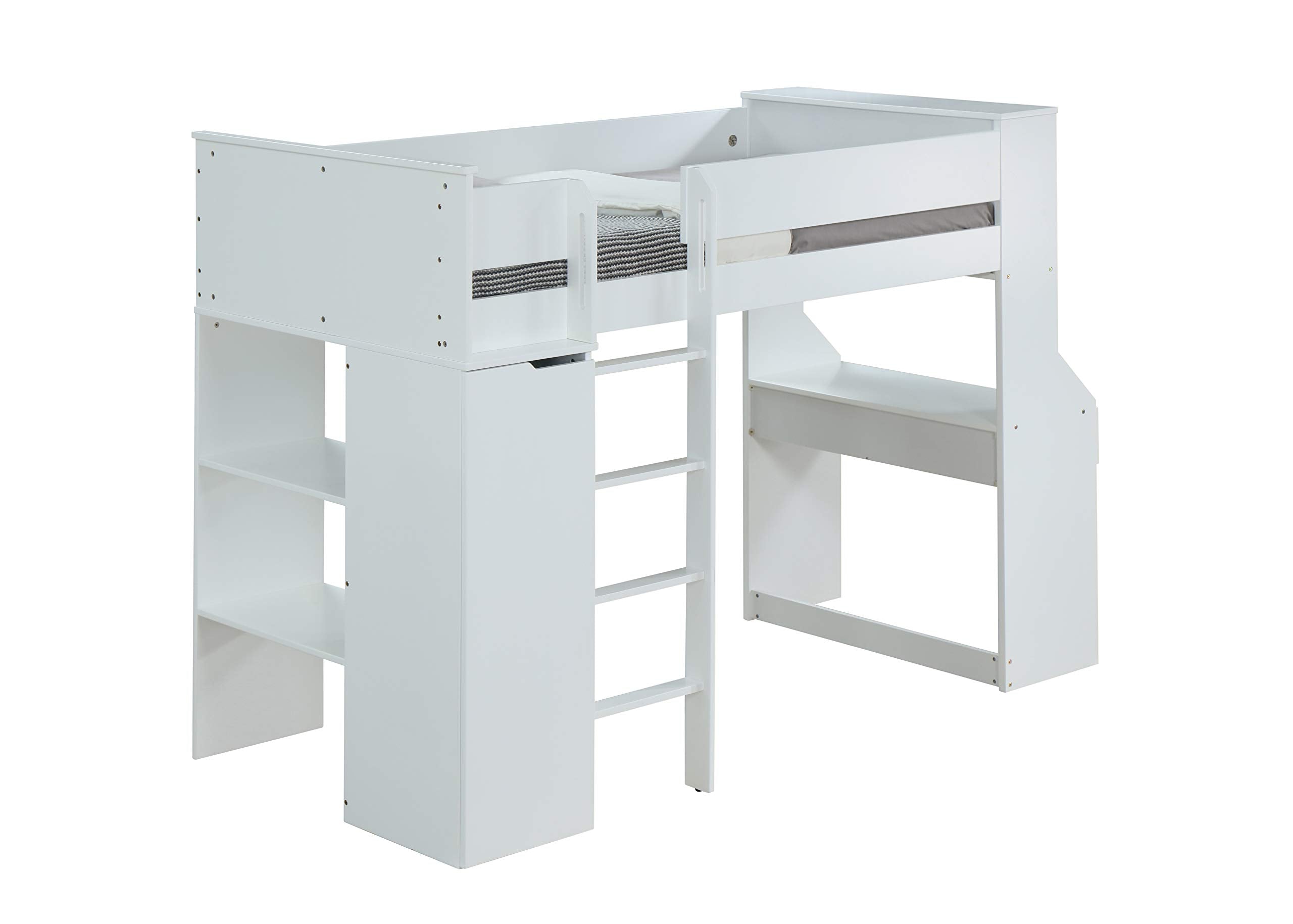 Benjara Wooden Twin Size Loft Bunk Bed With Workstation And Ladder, White