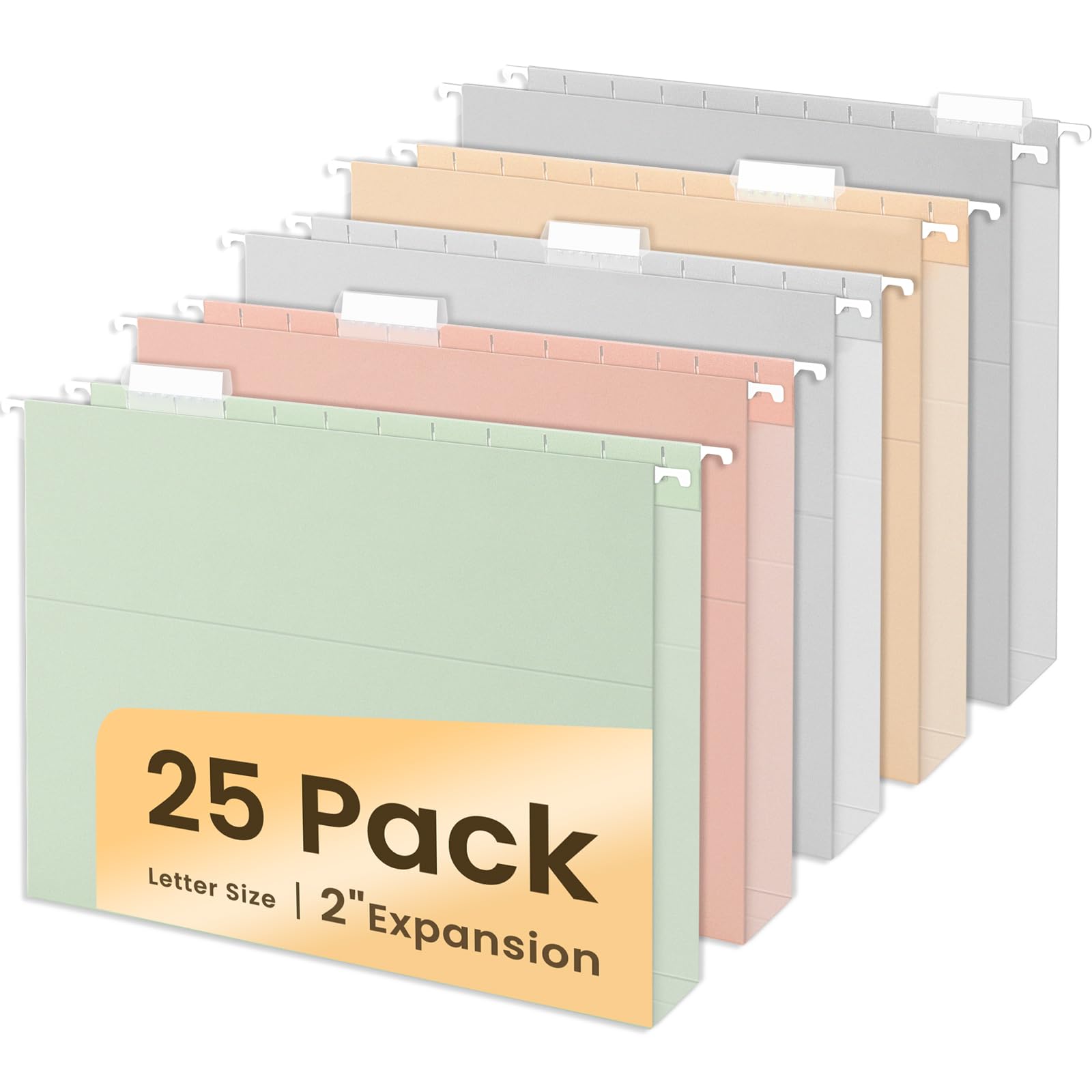 Sunee Hanging File Folders Letter Size, Pastel Colors, 25 Count Letter Size File Folders With 1/5-Cut Tabs, Heavy Duty 2 Inch Ex
