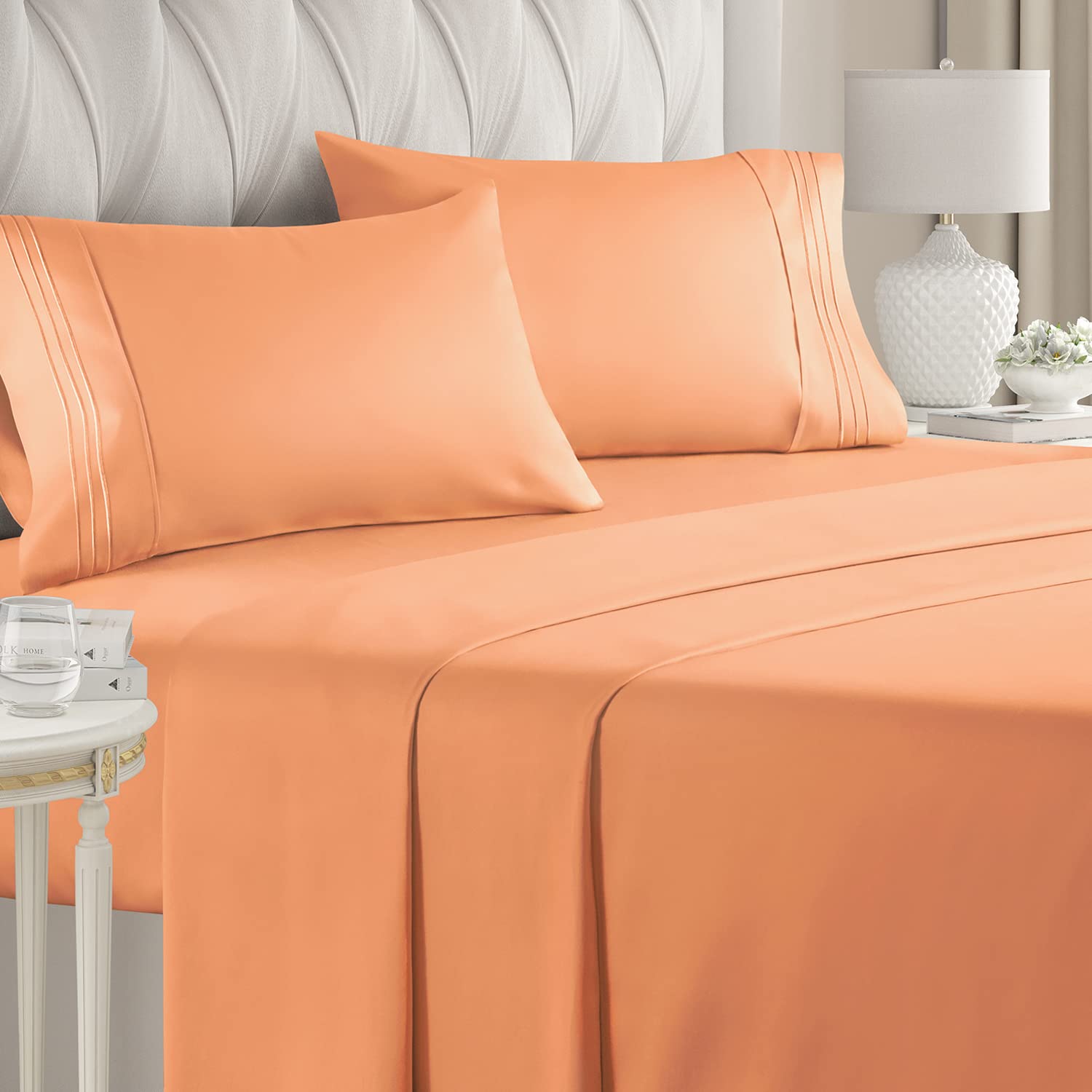 Full Size 4 Piece Sheet Set - Comfy Breathable & Cooling Sheets - Hotel Luxury Bed Sheets For Women & Men - Deep Pockets, Easy-Fit, Extra Soft & Wrinkle Free Sheets - Peach Oeko-Tex Bed Sheet Set