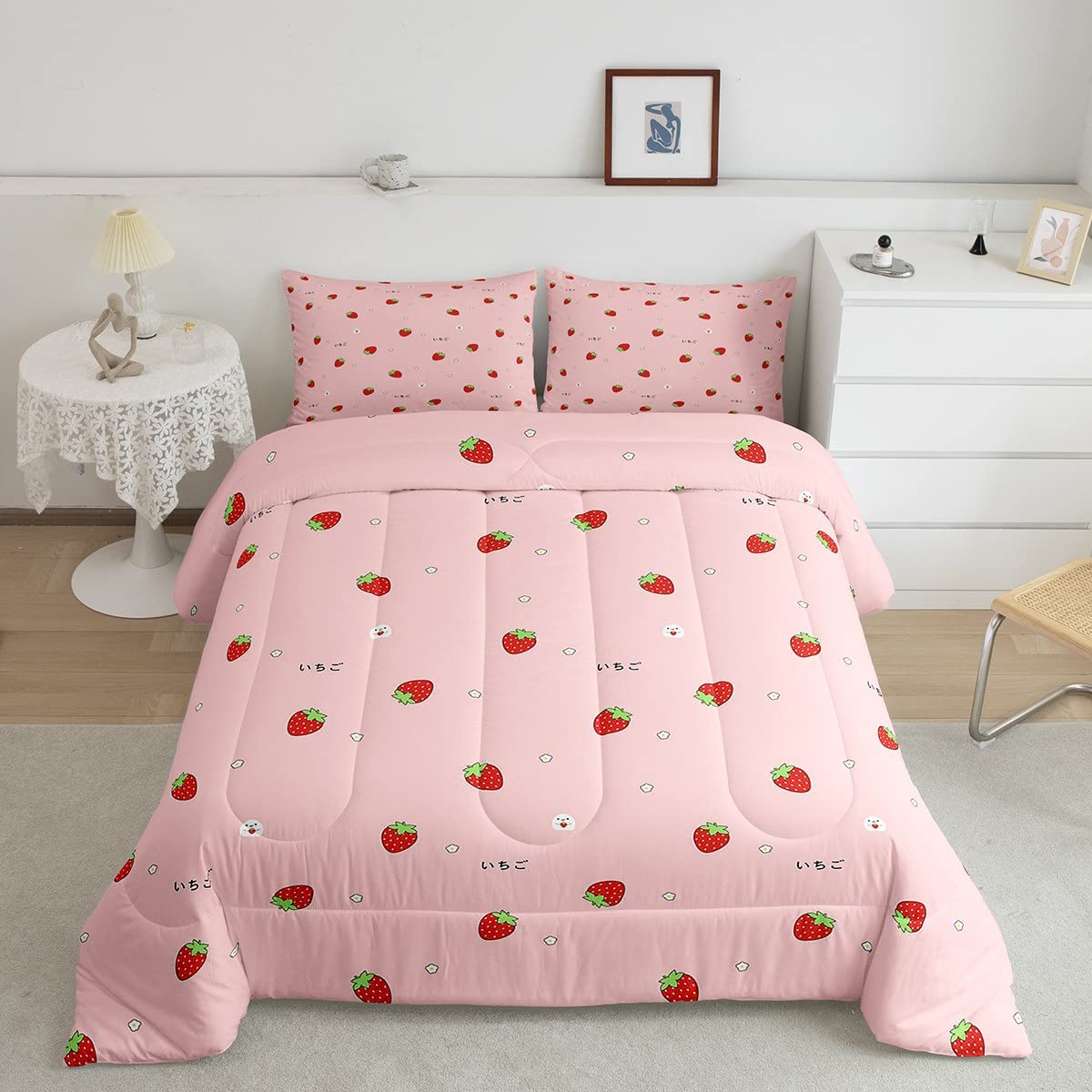 Girls Strawberry Comforter Set Twin Kawaii Strawberry Comforter For Kids Japanese Style Pink Cute Cartoon Fruit Food Theme Beddi
